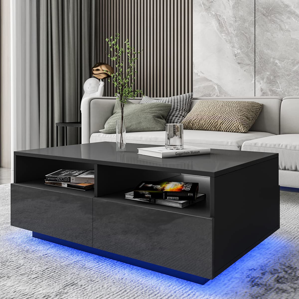 Modern LED Coffee Table with Storage - 16 Color Changing Lights, 4 Drawers & Open Shelves - High Gloss Black Finish for Living Room, Bedroom & Dorm - Perfect for Entertaining, Relaxing & Stylish Home Decor
