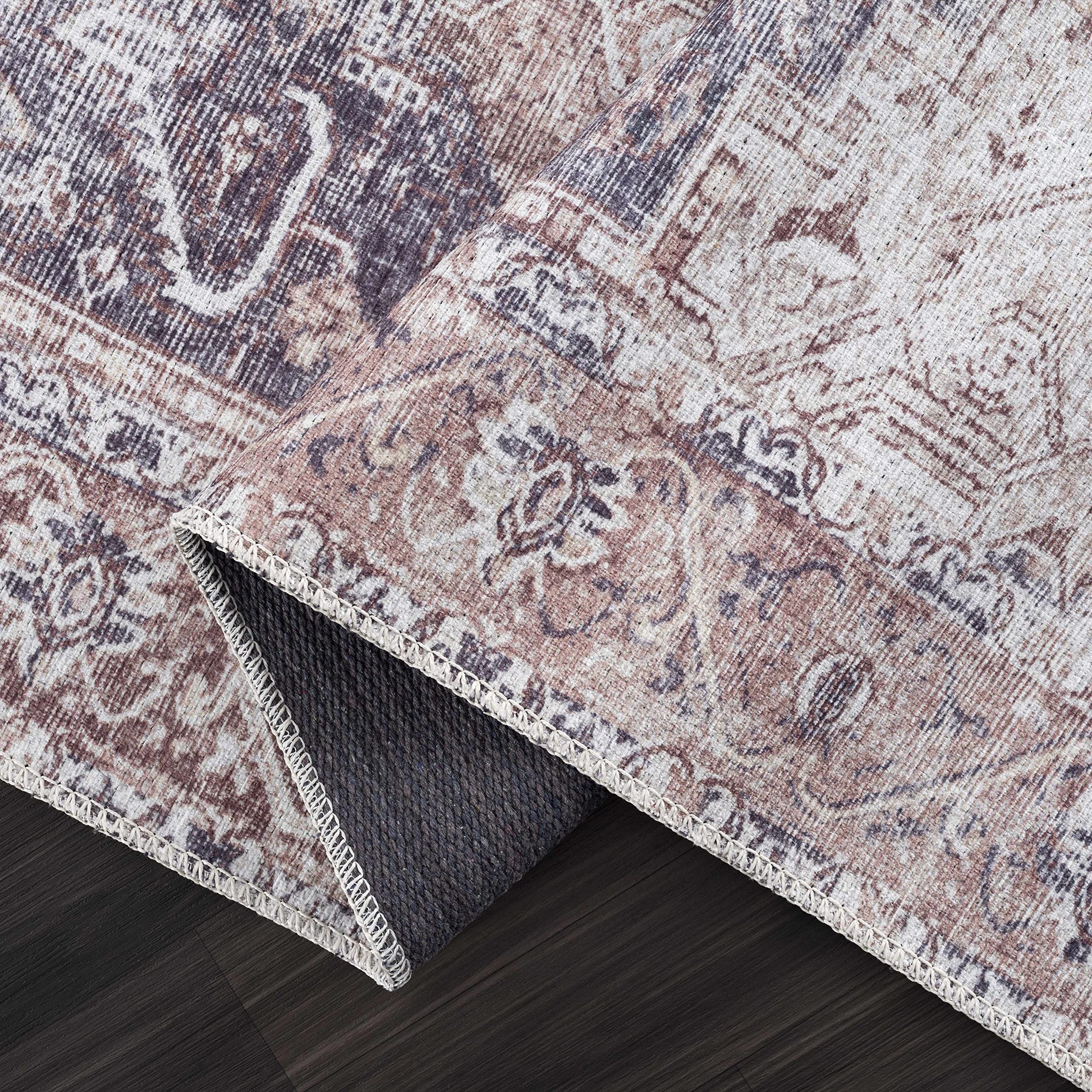 Machine Washable Traditional Runner Rug for Hallway & Kitchen - Beige, Light Brown, Navy - 2'7