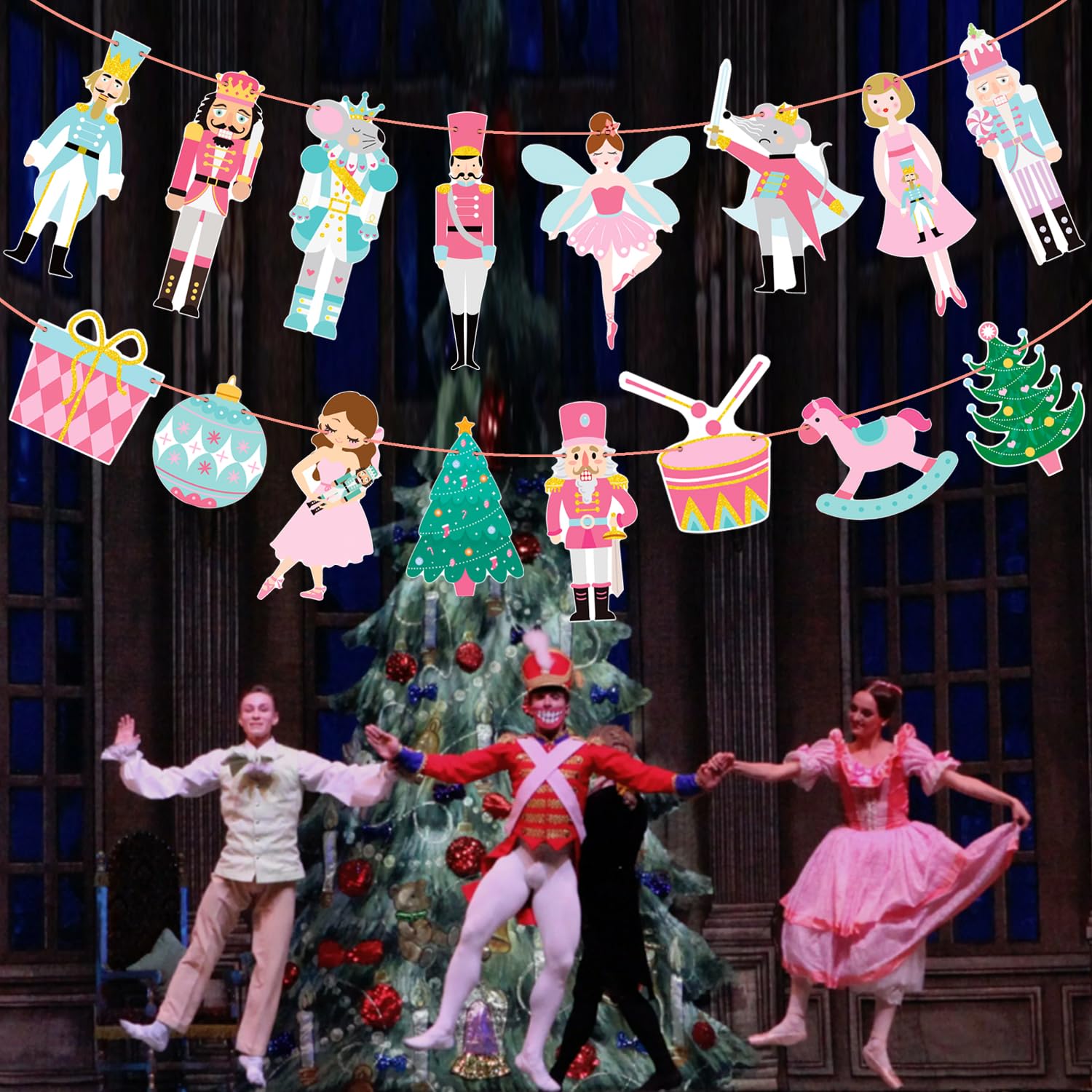 Christmas Nutcracker Party Decorations - Pink & Blue Ballet-Themed Nutcracker Banners (2Pcs) | Xmas Tree & Mouse King Cutouts for Winter Parties, Holiday Home Decor & Christmas Festivities