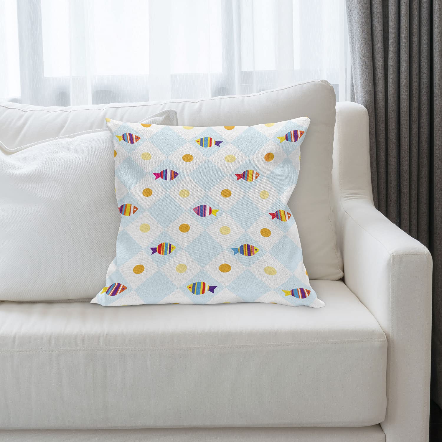 Ambesonne Aquarium Themed Fish Cartoon Throw Pillow Cover 16x16 Inch - Geometric Print Decorative Square Cushion Case for Living Room, Bedroom & Sofa