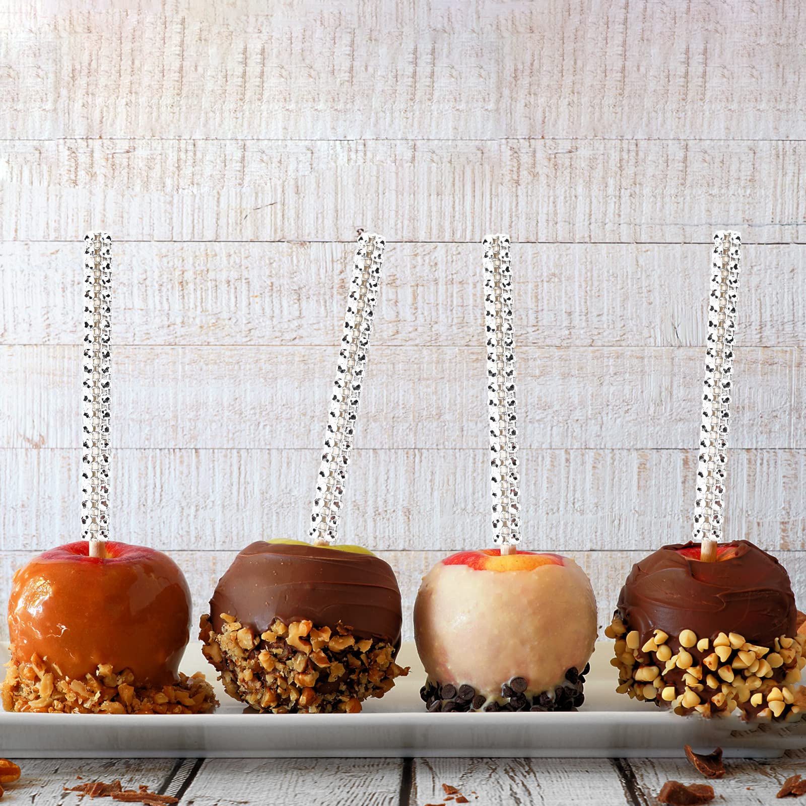 ASTARON 24 Pack Glitter Bling Candy Apple Sticks and Bags - Complete Toffee Apple Making Kit with Glitter Ribbon & Chocolate Apple Packaging - Perfect for Candy Apple Supplies, DIY Treats, Party Favors, Halloween, Christmas and Holiday Gift Giving
