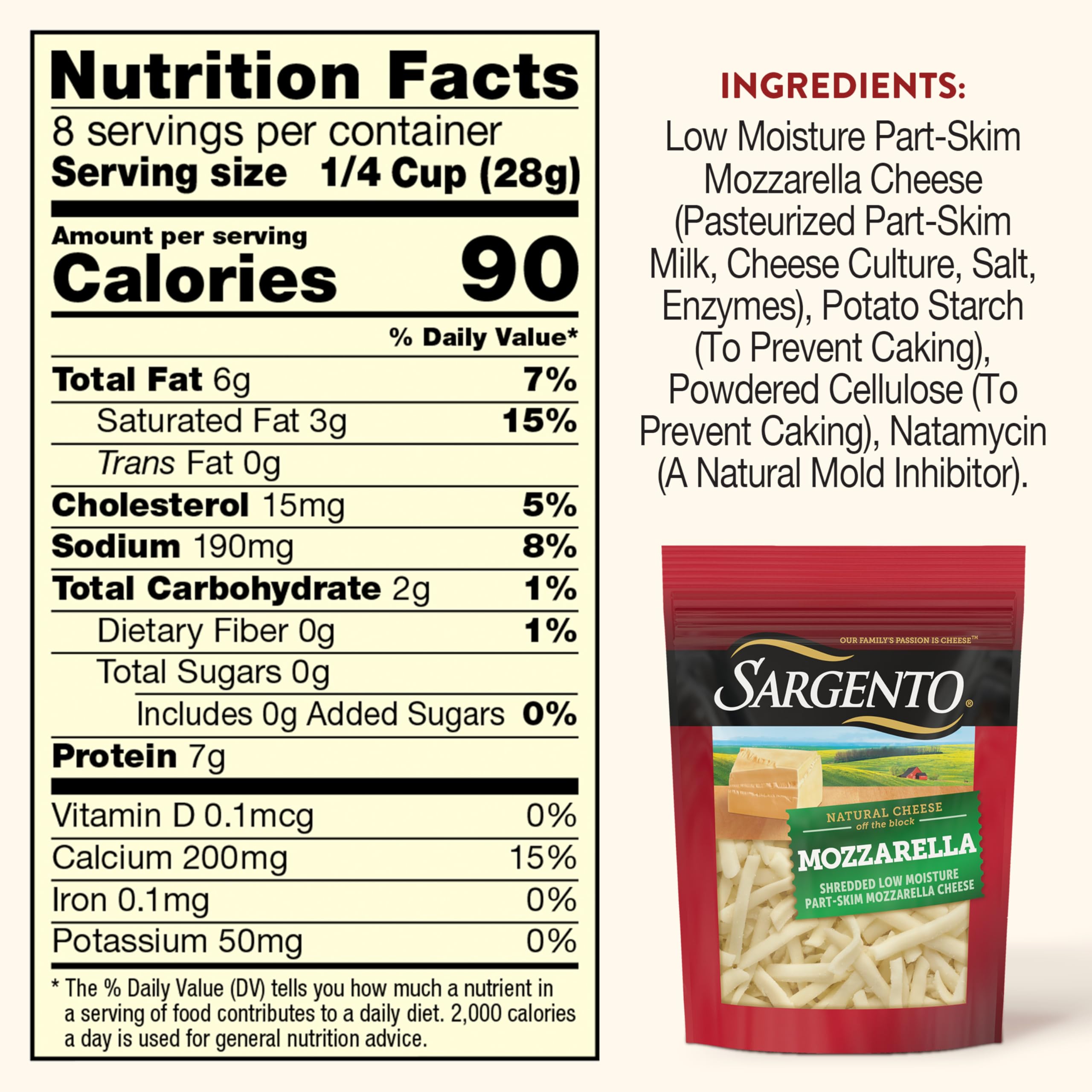 Sargento Shredded Mozzarella Natural Cheese - Traditional Cut, 8 oz (226g) | Perfect for Pizza, Pasta & Italian Recipes | High-Quality Shredded Cheese for Cooking & Baking