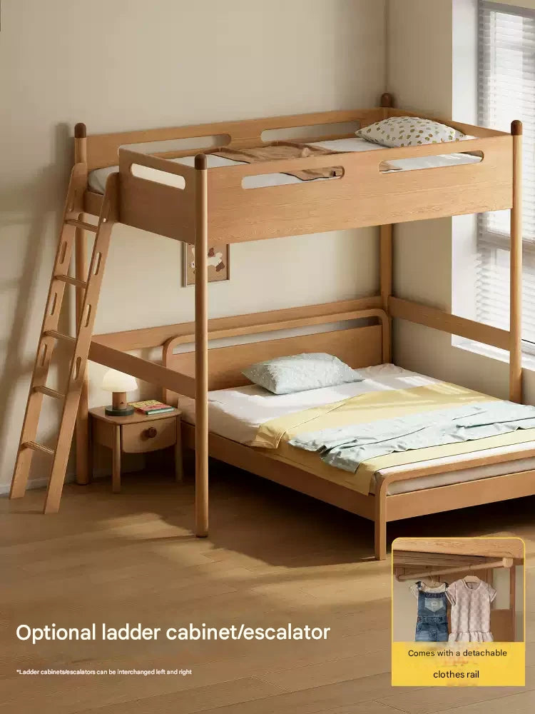 Solid Oak Wood Loft Bed with Storage Cabinet - Space-Saving Furniture for Small Rooms, Kids Bedroom & Dormitory