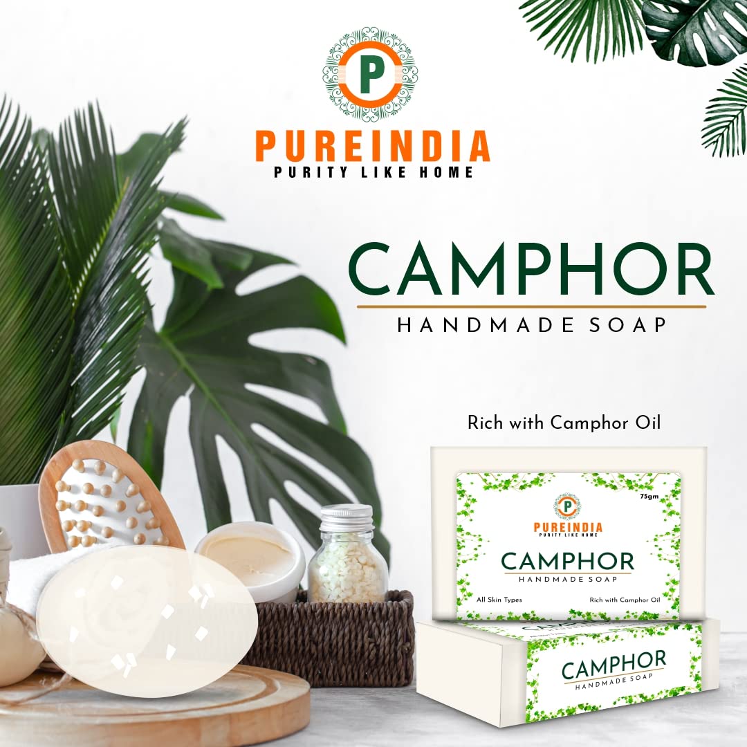 Pureindia Camphor Soap - Handmade Natural Soap with Pure Camphor Powder & Oil, Set of 5 (100g Each) | Aromatherapy, Meditation & Relaxation, Skin Cleansing & Purifying