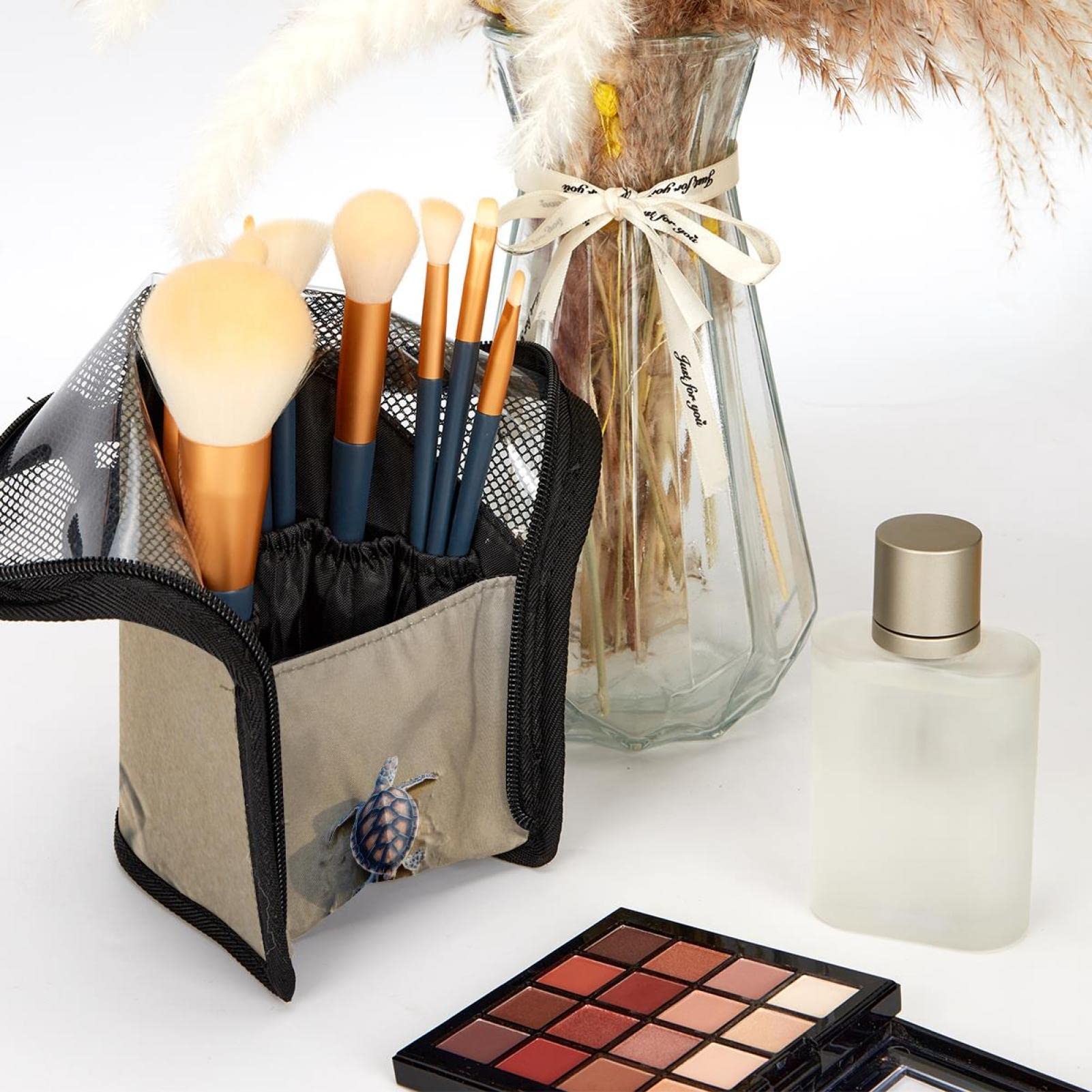 Premium 12-Piece Makeup Brush Organizer Bag with Sea Turtle Design - Portable Travel Makeup Brush Holder Case for Home, Travel & Professional Use