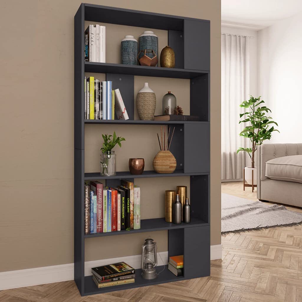 5-Tier S-Shaped Bookshelf - Modern Freestanding Bookcase Room Divider with Cube Storage, Gray Home Office Shelf (31.5