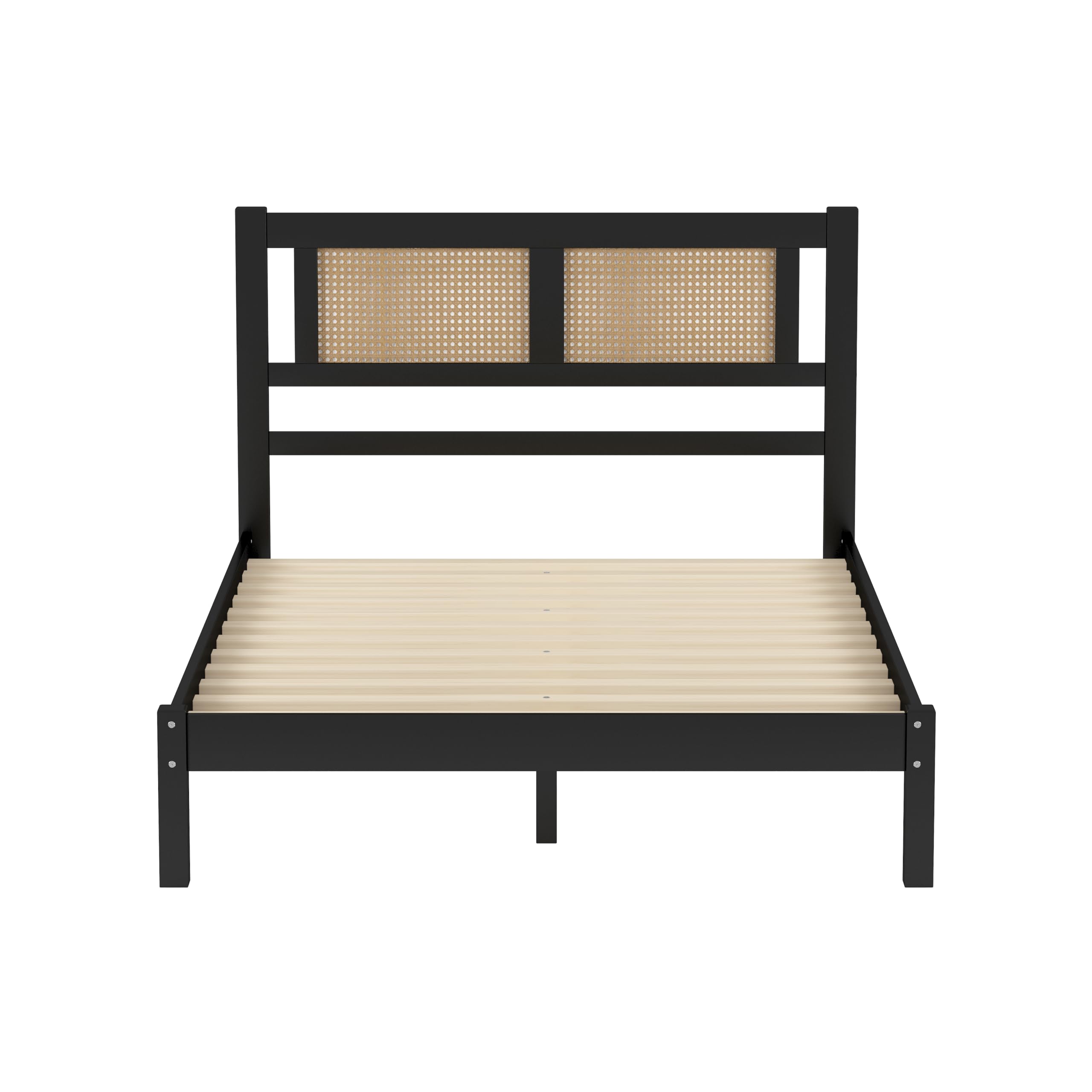 Merax Full Size Bohemian Platform Bed Frame with Wooden Headboard & 2 Rattan Nightstands - 3-Piece Bedroom Set with Storage Drawers (Black) - Perfect for Modern Boho Bedrooms, Guest Rooms & Small Spaces