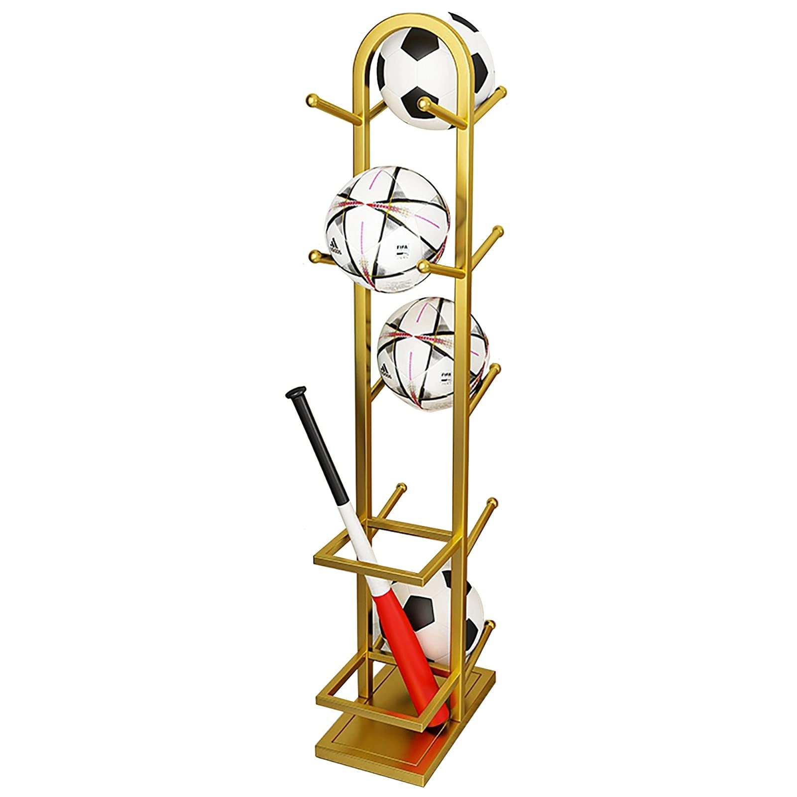 5-Tier Double-Sided Basketball Storage Rack - Freestanding Vertical Ball Holder for Soccer, Volleyball, Football | Metal Sports Equipment Organizer for Garage, Basement, Gym & Home (Gold) - Perfect for Sports Gear Storage & Space Saving