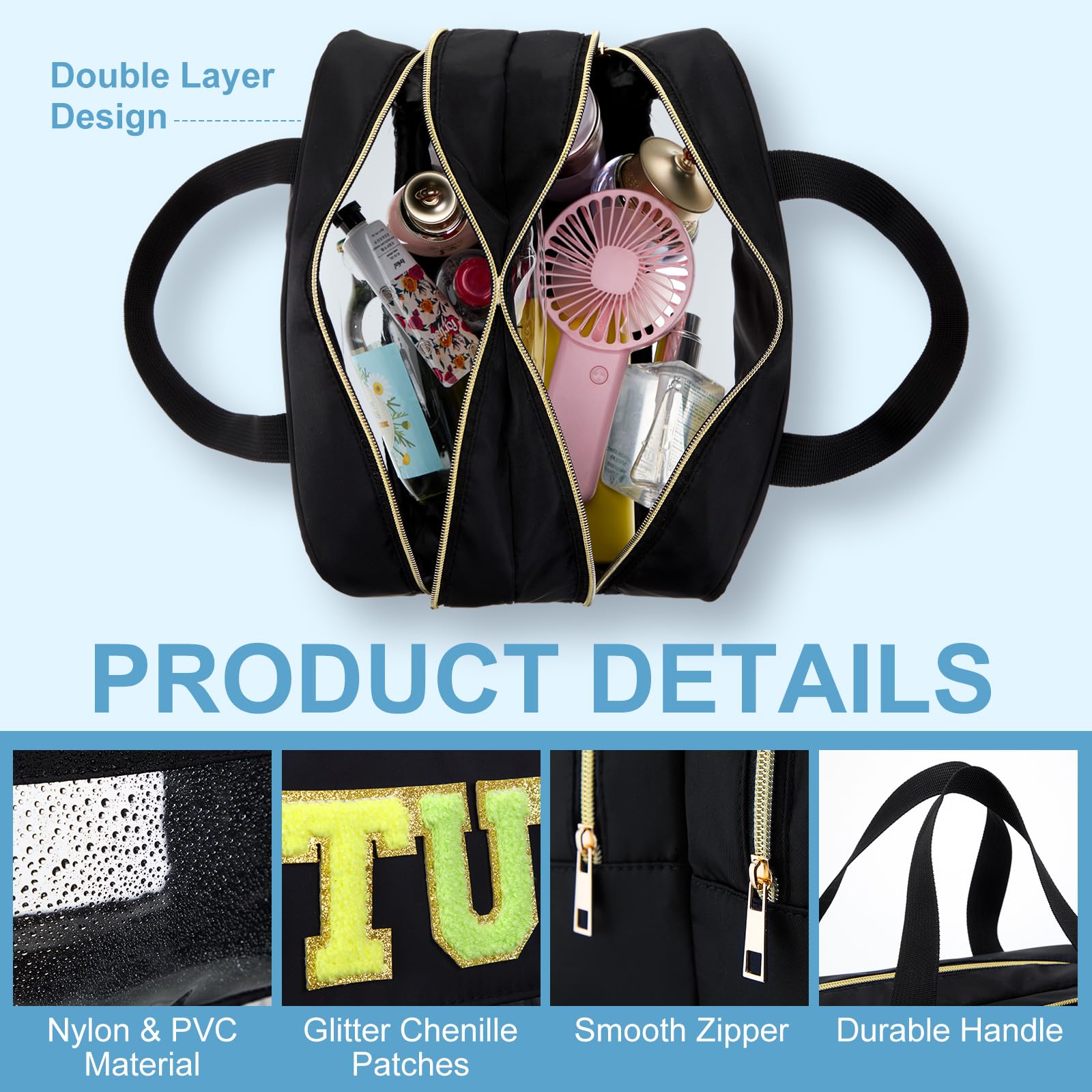 Pinkunn Large Clear Chenille Letter Makeup Bag - Double Layer Waterproof Cosmetic Organizer with Zipper, Travel Toiletry Pouch for Women & Girls (Black) - Perfect for Travel, Gym, and Daily Makeup Storage
