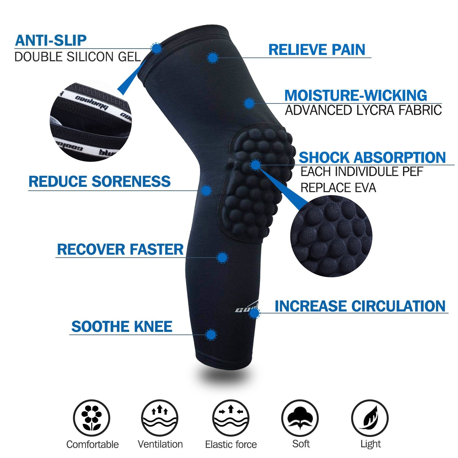 COOLOMG Basketball Knee Pads - Breathable Compression Leg Sleeves with Honeycomb Design for Men & Women - Perfect for Basketball, Volleyball, Running & Workout Protection
