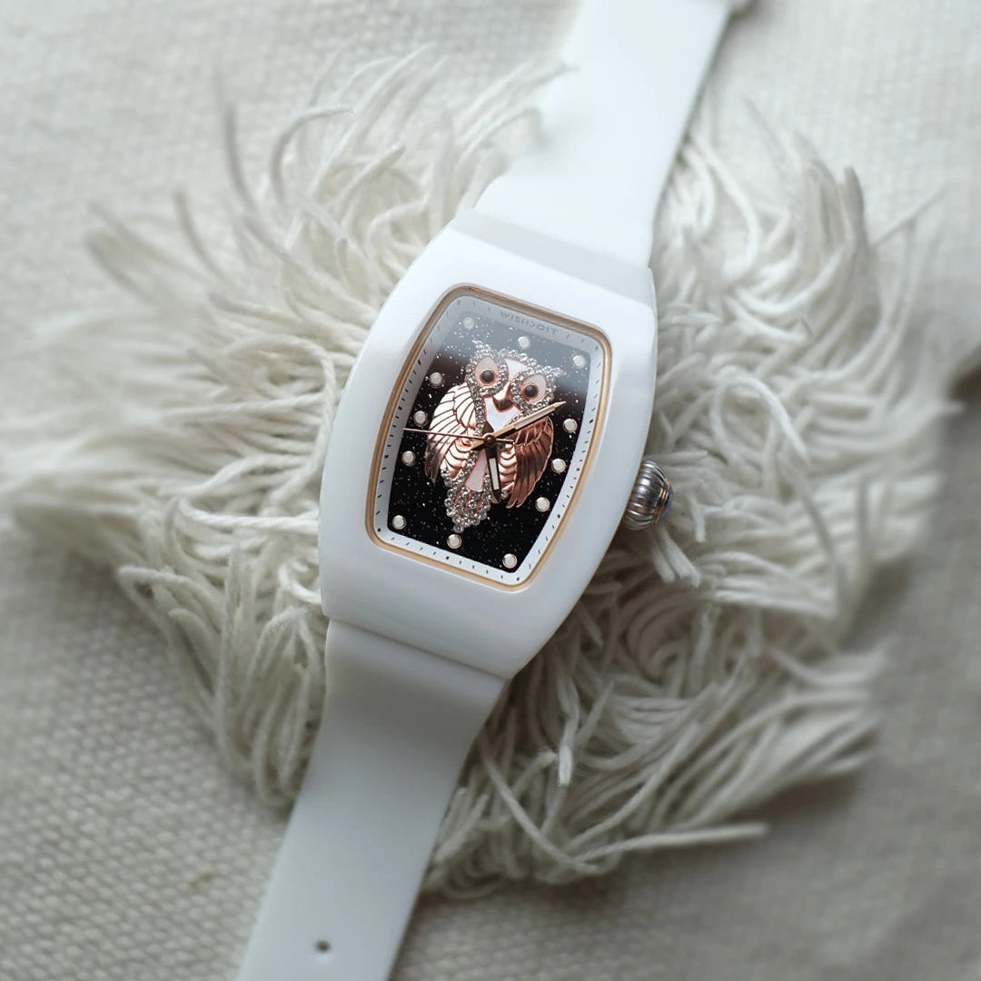 ChronoOwl Ceramic Women's Watch - Elegant Starry Dial Quartz Timepiece with Stainless Steel Band | Perfect for Office, Party & Everyday Wear