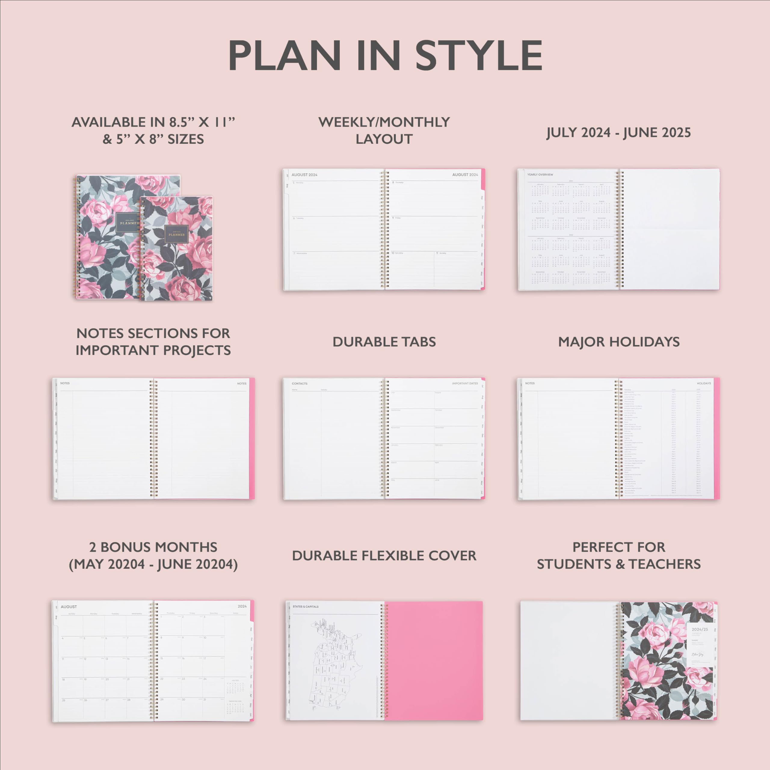 Blue Sky 2024-2025 Academic Planner - Weekly & Monthly Calendar from July 2024 to June 2025, 8.5