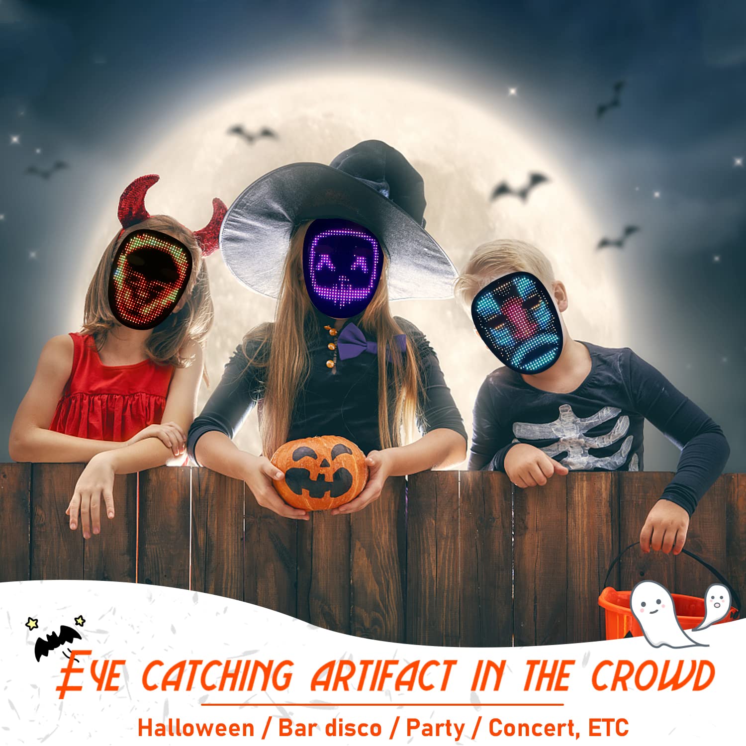LED Halloween Mask with Gesture Sensing - Glowing Costume Mask for Kids, Men & Women - Perfect for Cosplay, Parties, Trick or Treating & Night Events