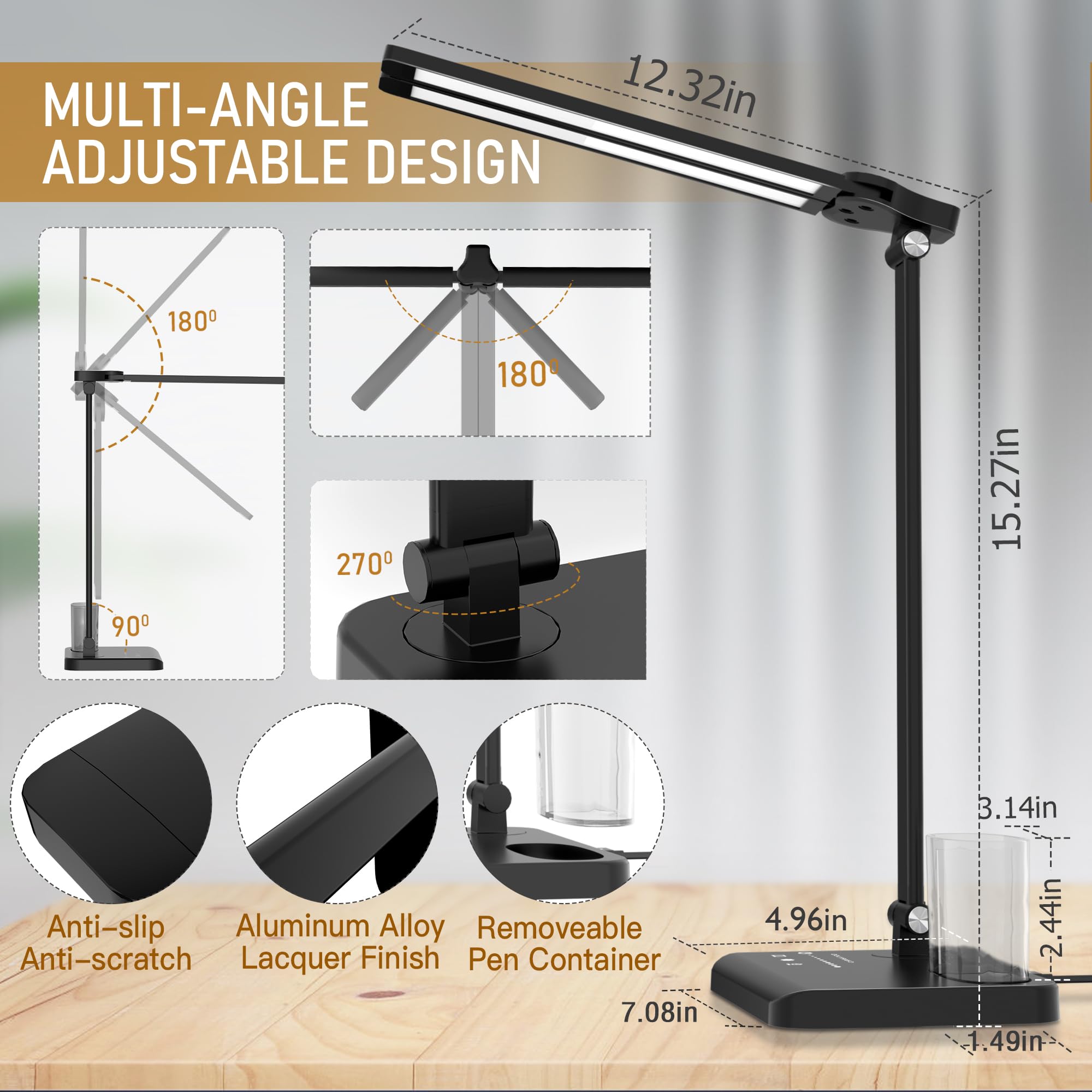 Adjustable Dimmable LED Desk Lamp with USB Charging Port - 50 Lighting Modes, Dual Swing Arm Architect Table Lamp for Home Office, Study, Dorm, Piano & Nail Salon - Perfect for Reading, Working & Crafting