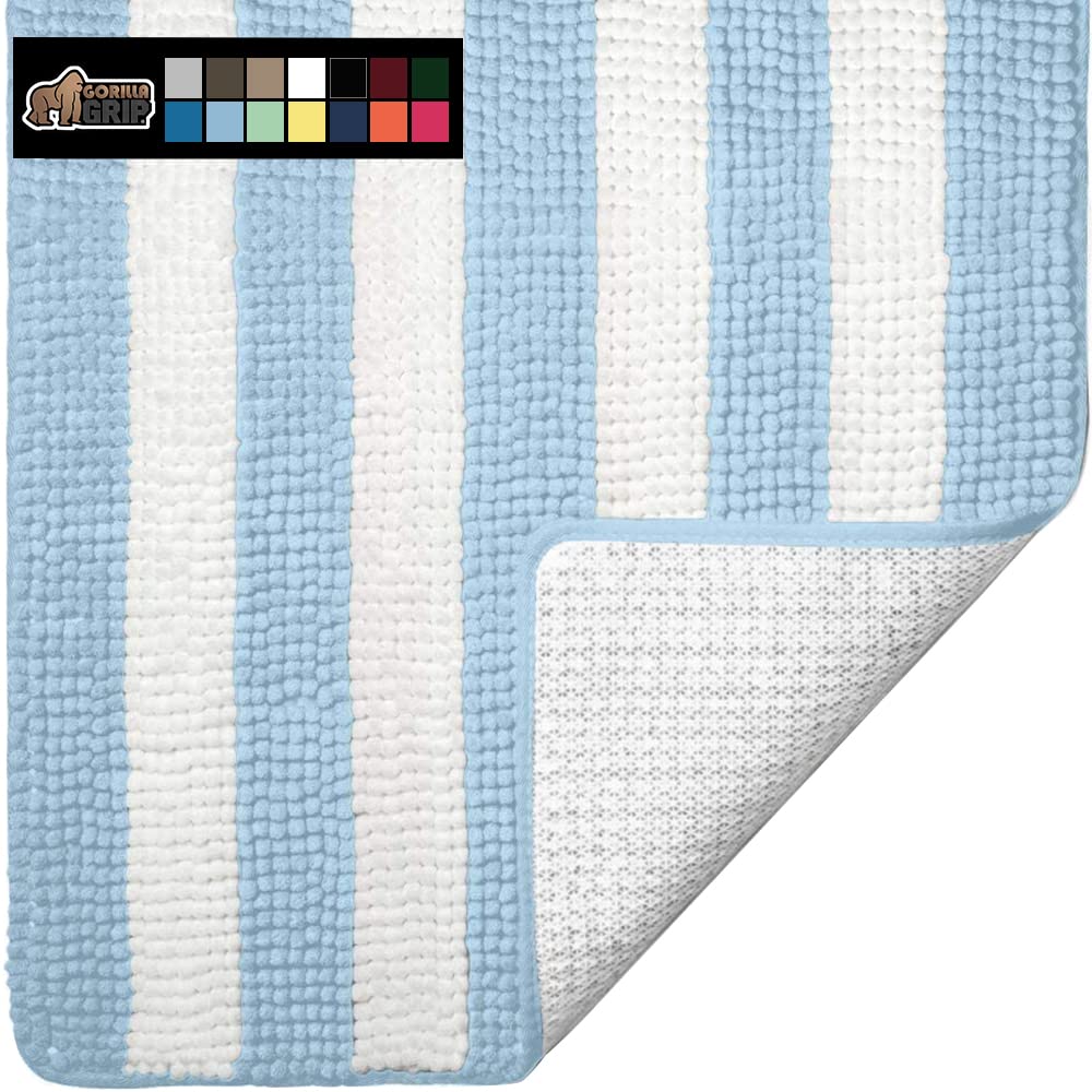 Premium Gorilla Grip Bath Rug - Ultra Soft Absorbent Chenille with Non-Slip Rubber Backing | Quick-Dry Microfiber Shaggy Bath Mat | Machine Washable & Durable for Bathroom, Shower & Bathtub Floor (24x17 Inches, White & Sky Blue) | Perfect for Wet Floors, Spa Days & Cozy Bathroom Decor