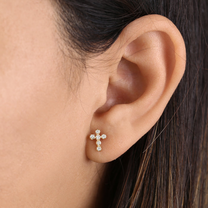 14K Yellow Gold Round Cross Cubic Zirconia Earrings for Women - Hypoallergenic Christian Jewelry Gift for Baptism, First Communion & Church Occasions