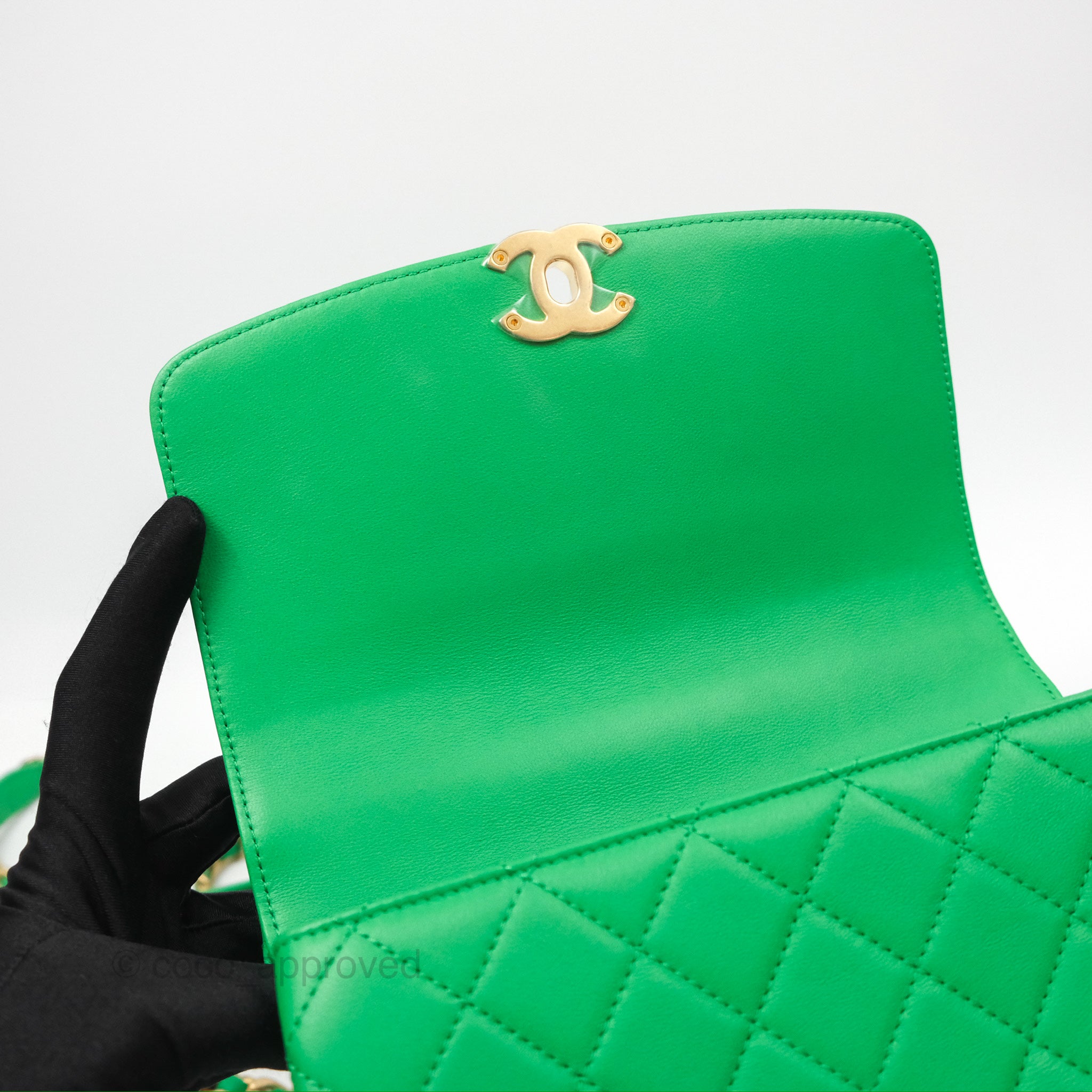 Chanel CC Quilted Flap Bag With Top Handle - Green Calfskin Leather Crossbody Bag with Gold Hardware | Luxury Designer Handbag for Women, Perfect for Date Night & Special Occasions