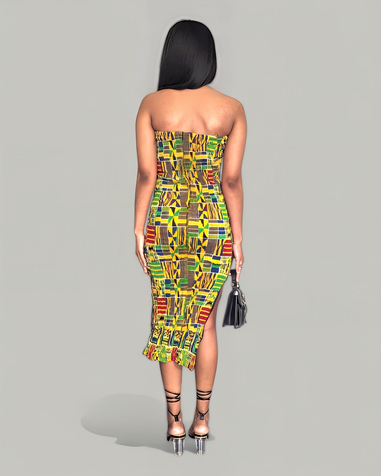 Elegant African Print Kente Strapless Dress with Side Slit | Dupsie's Asantewaah Majesty DP4075SD | Perfect for Weddings, Parties & Cultural Events