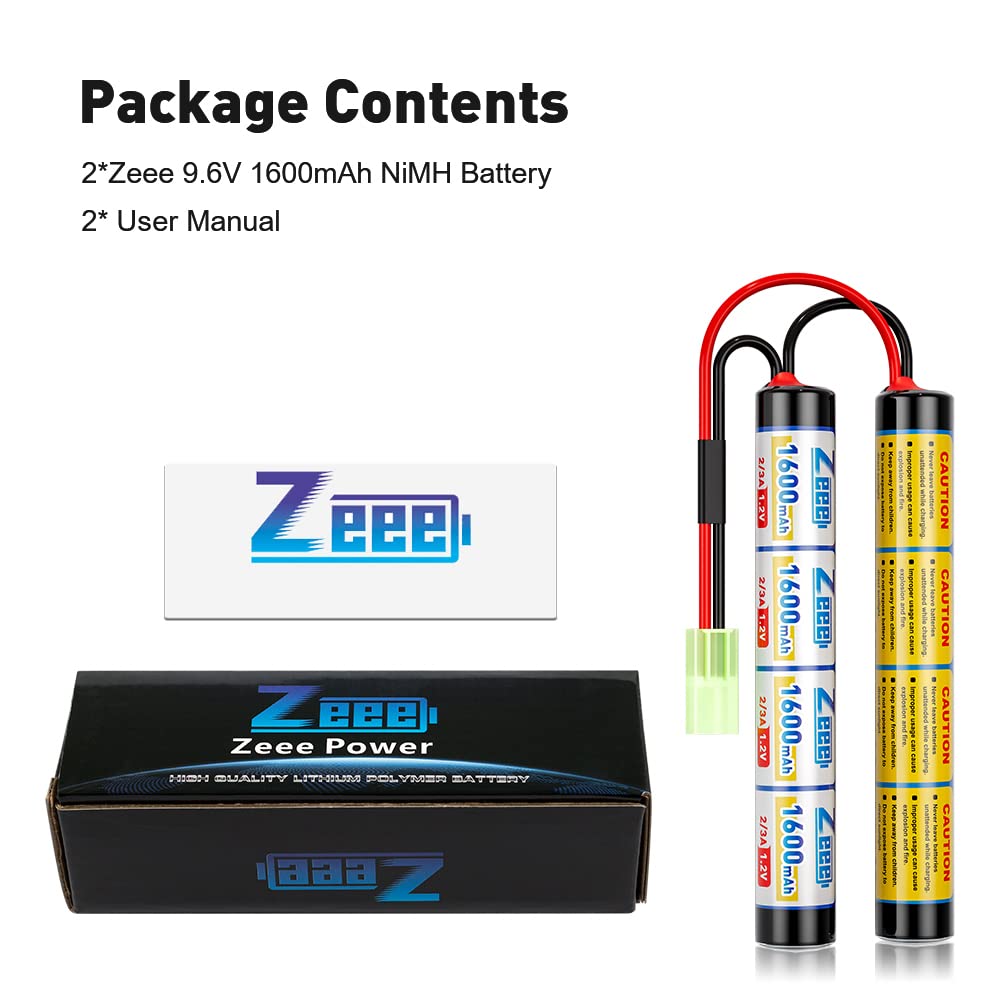Zeee 9.6V 1600mAh NiMH Airsoft Battery with Mini Tamiya Plug (2 Pack) - Perfect for RC Guns & Airsoft Battles