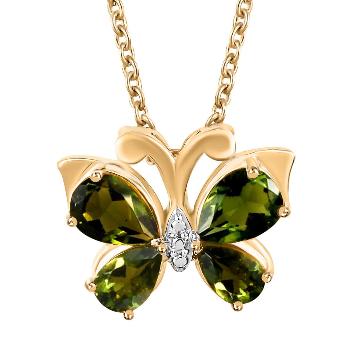 SHOP LC Sterling Silver Moldavite Pendant Necklace with Vermeil Yellow Gold Butterfly - 20