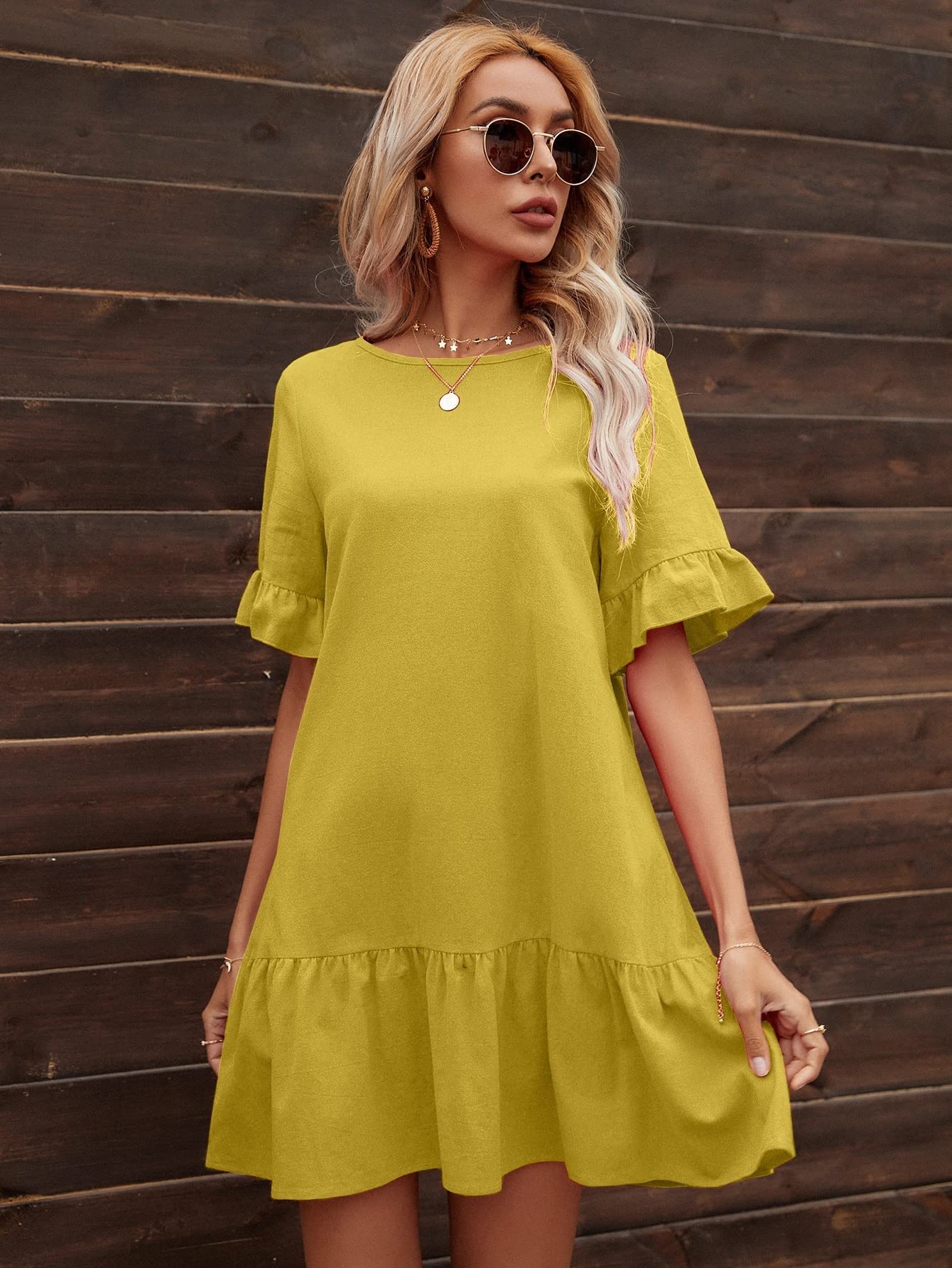 Women's Summer Short Sleeve Flounce Hem Midi Dress - Solid Yellow XS Beach Dress for Vacation, Party & Casual Wear