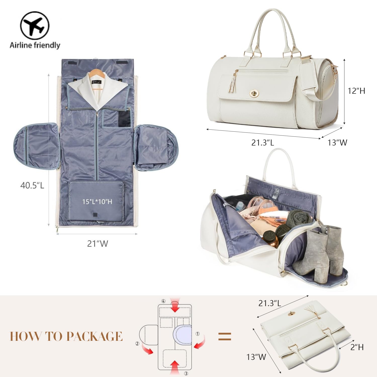 2-in-1 Hanging Suitcase & Duffle Bag for Women - Carry On Garment Bag with Shoe Pouch - Perfect for Business Travel, Weddings & Weekend Getaways (A-Beige)