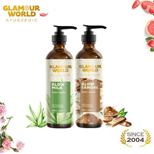 Glamour World Ayurvedic Glow Milk & Sandal Body Wash - Natural Skin Brightening & Hydrating Shower Gel for Radiant Complexion | Perfect for Daily Use & Spa-Like Bath Experience