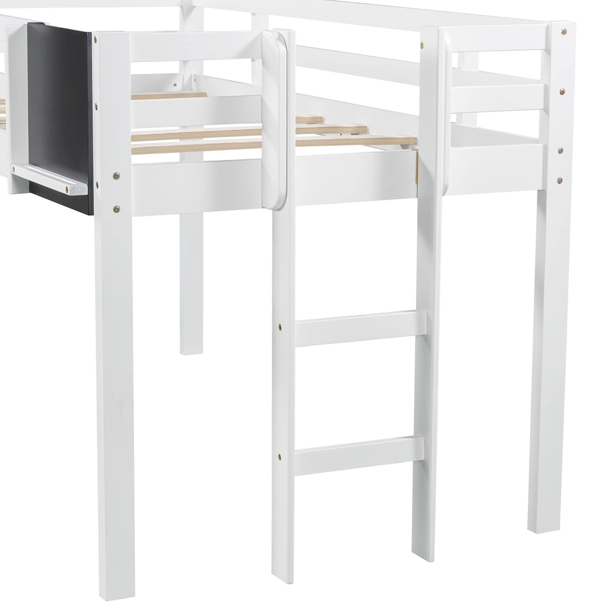 Low Loft Bed with Slide for Kids - Twin Size Wooden Loft Bed Frame with Chalkboard, Guardrails & Ladder - Space Saving Children's Bed for Boys, Girls & Teens - Perfect for Small Bedrooms, Playrooms & Dorm Rooms - White