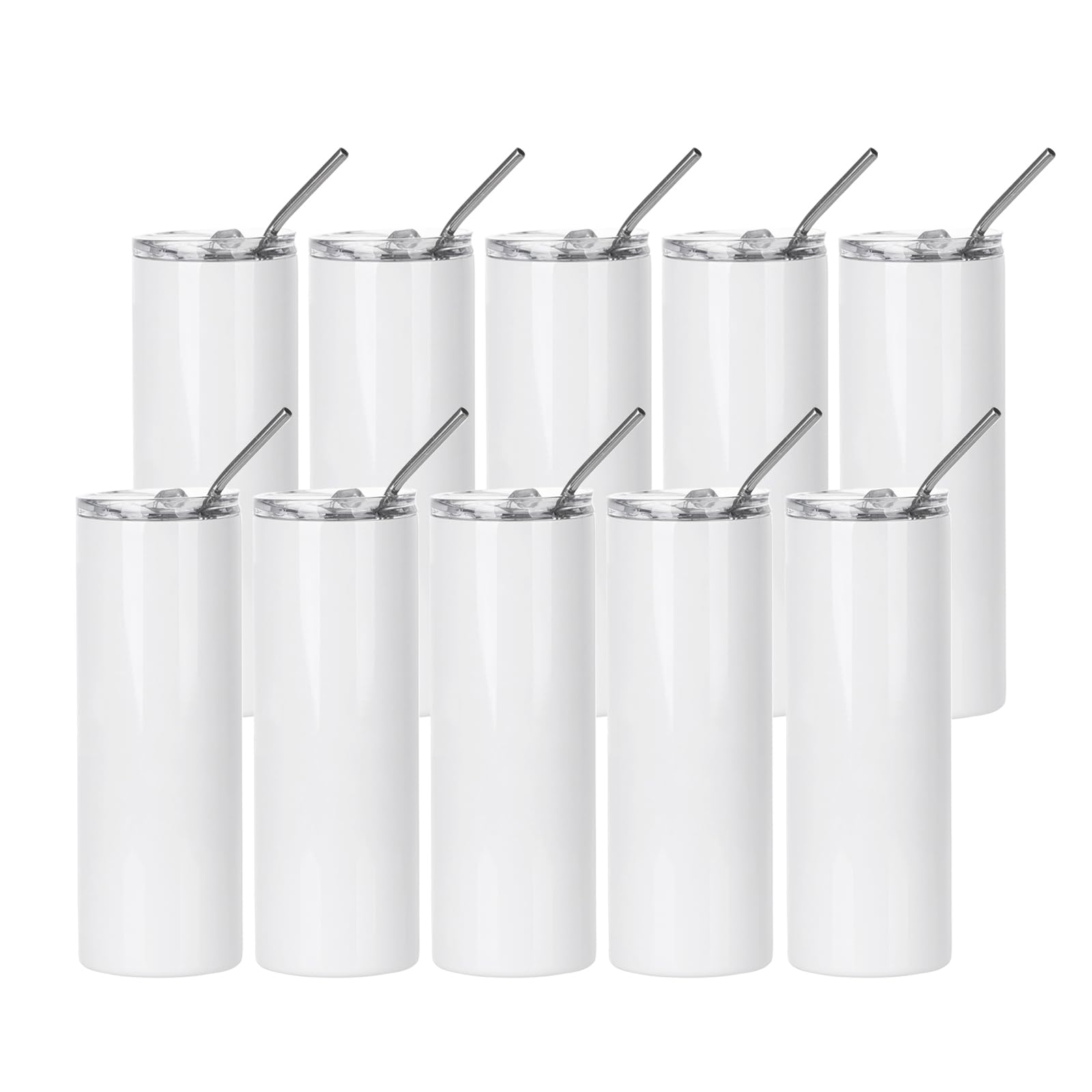 PYD Life 10 Pack 20oz Sublimation Tumblers Bulk - Skinny White Stainless Steel Tumbler Cups with Straw & Lid for Heat Press & Sublimation Oven Printing - Perfect for DIY Crafts, Custom Gifts, and Personalized Drinkware