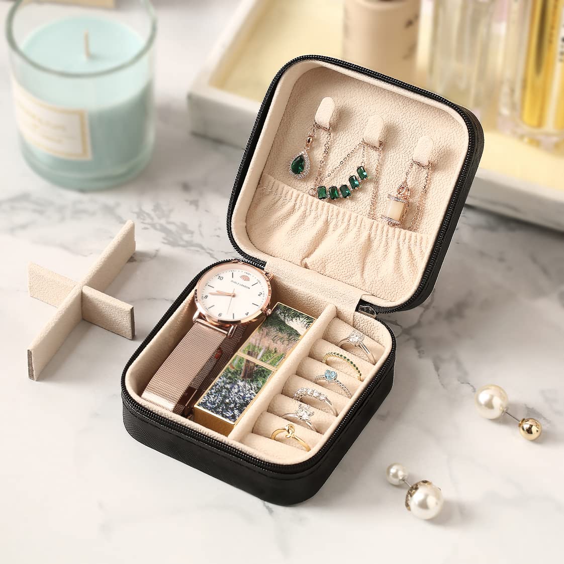 Portable Travel Jewelry Organizer Box - Compact Jewelry Storage Case for Rings, Earrings, Necklaces, Watches & Lipsticks | Perfect for Vacation, Business Trips & Daily Use (Black)