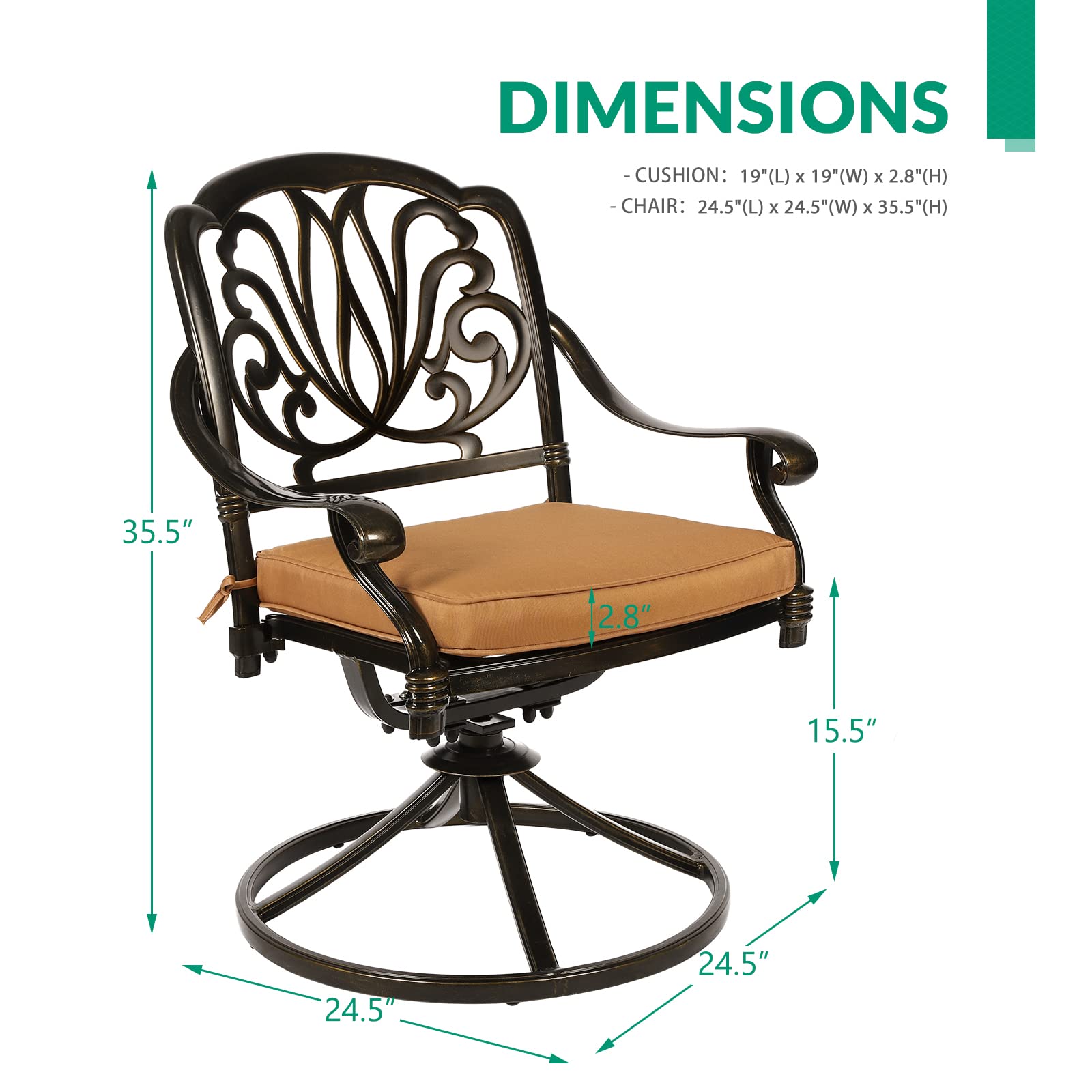 VIVIJASON 2-Piece Outdoor Swivel Bistro Dining Chairs Set - Cast Aluminum Rocking Patio Furniture with Cushions - Perfect for Balcony, Garden, Backyard, Lawn & Poolside Relaxation - Antique Bronze Finish