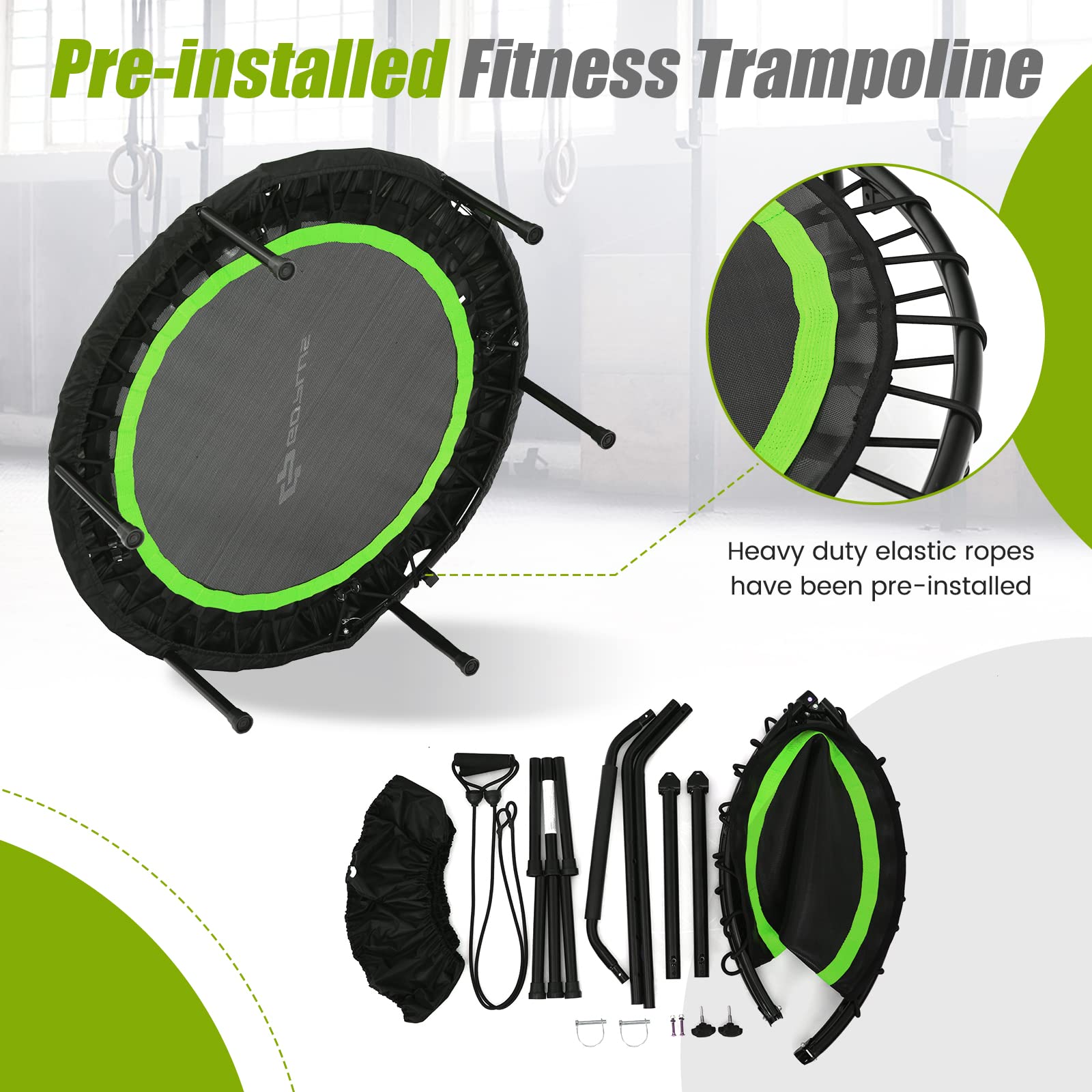 Goplus 40” Folding Fitness Trampoline with Safety Handrail - Adjustable 4-Level Height, Includes 2 Resistance Bands - Portable Mini Exercise Rebounder for Indoor & Outdoor Workouts - Perfect for Home Gym, Cardio Training, Weight Loss, and Family Fitness Activities