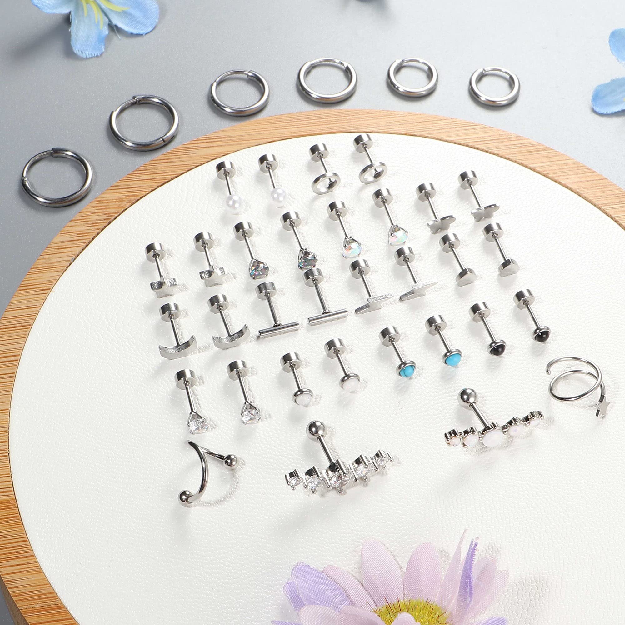 JeweBella 19 Pairs Hypoallergenic Surgical Steel Earrings - Flat Back Studs, Hoops & Cartilage Sleepers for Women & Men | Opal & Zirconia Small Earring Set for Multiple Piercings | Perfect for Daily Wear, Gifts & Piercing Stacks