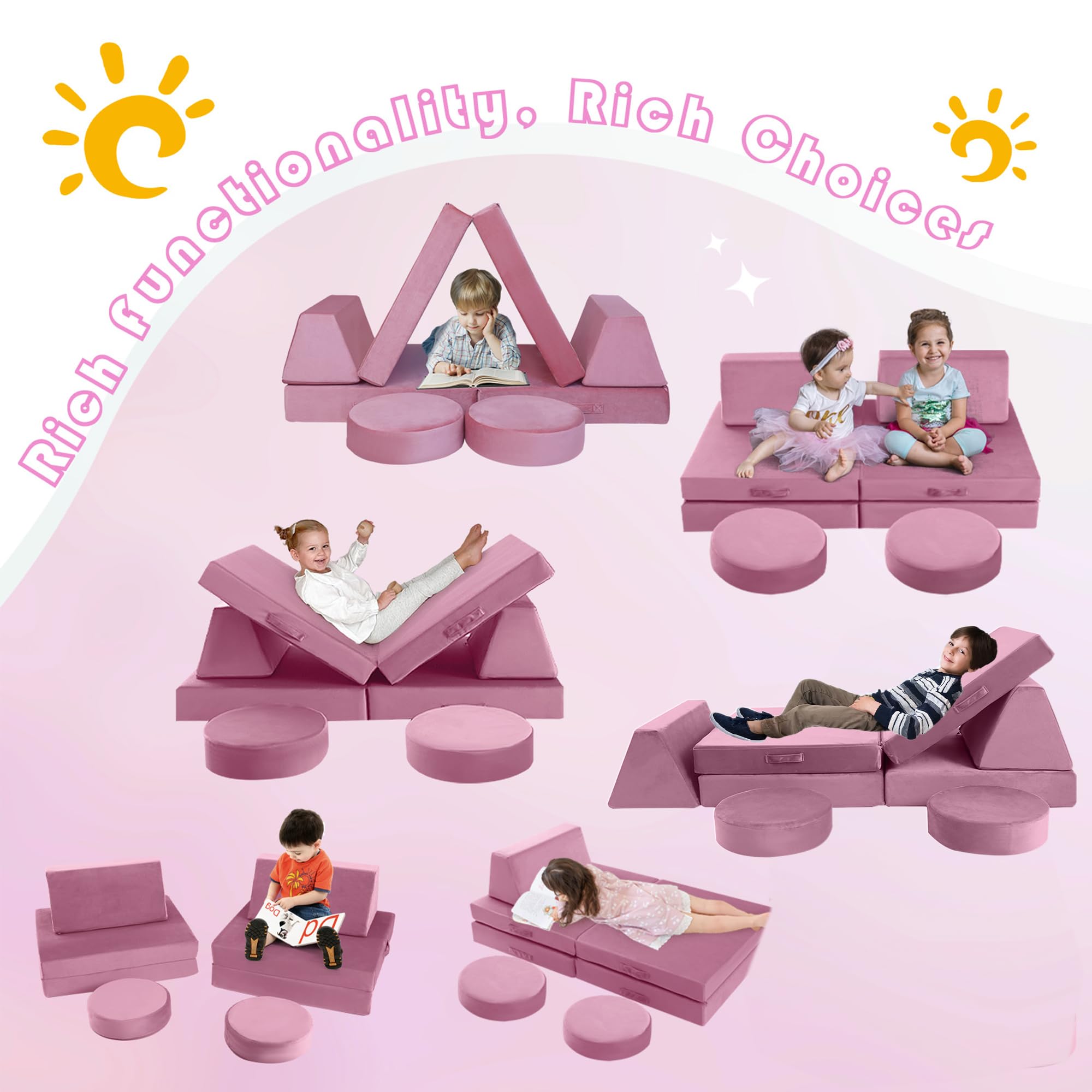 MeMoreCool 8-Piece Modular Kids Play Couch - Convertible Foam Toddler Sofa Set for Playroom & Nursery, Soft Pink Play Furniture for Indoor Playtime & Reading Nook