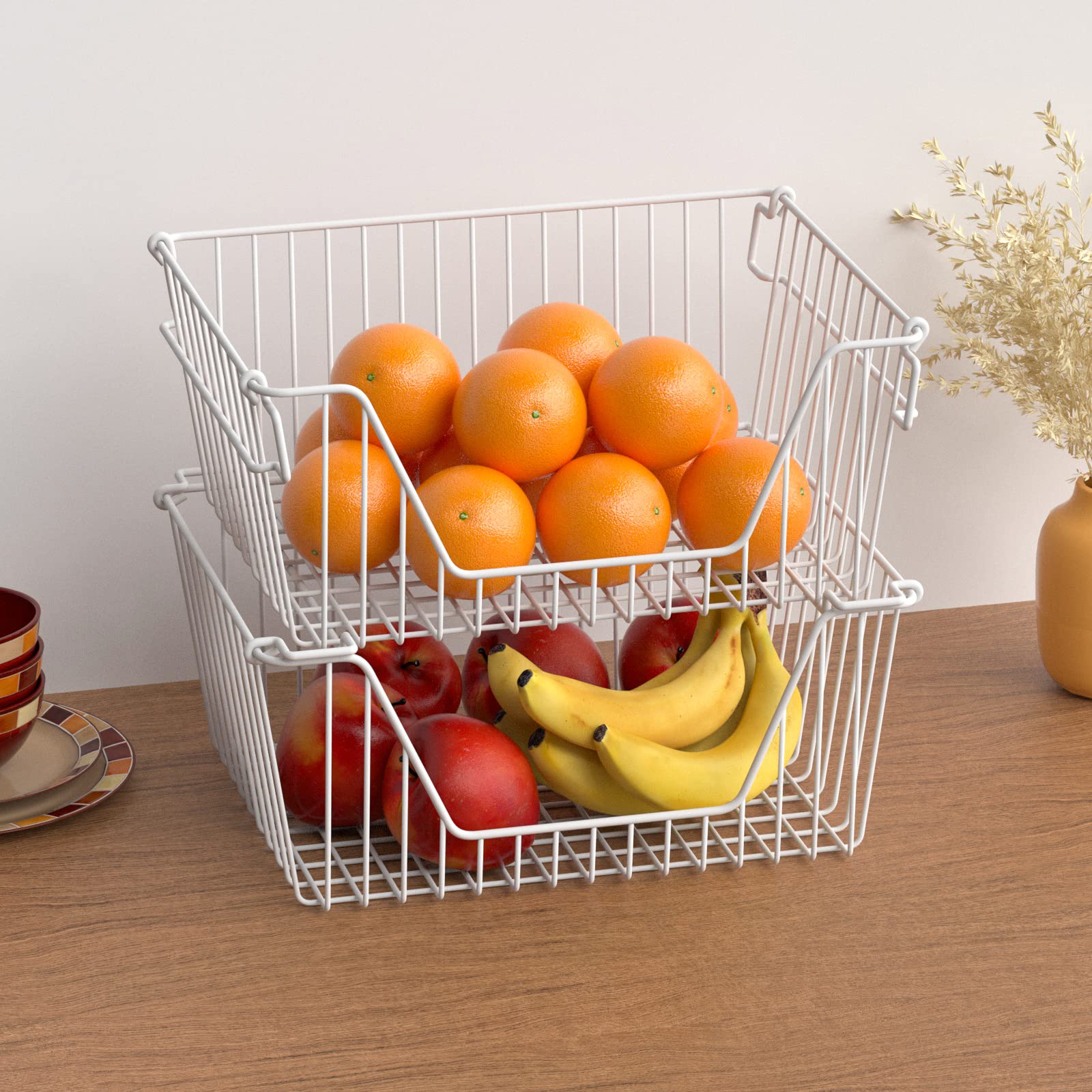 Stackable Metal Wire Baskets for Kitchen & Pantry Organization - Large Capacity Freezer Bins for Fruits, Vegetables & Snacks - Space-Saving Storage Solution for Cabinets & Shelves - White Set of 4 - Perfect for Home, Office & Restaurant Use