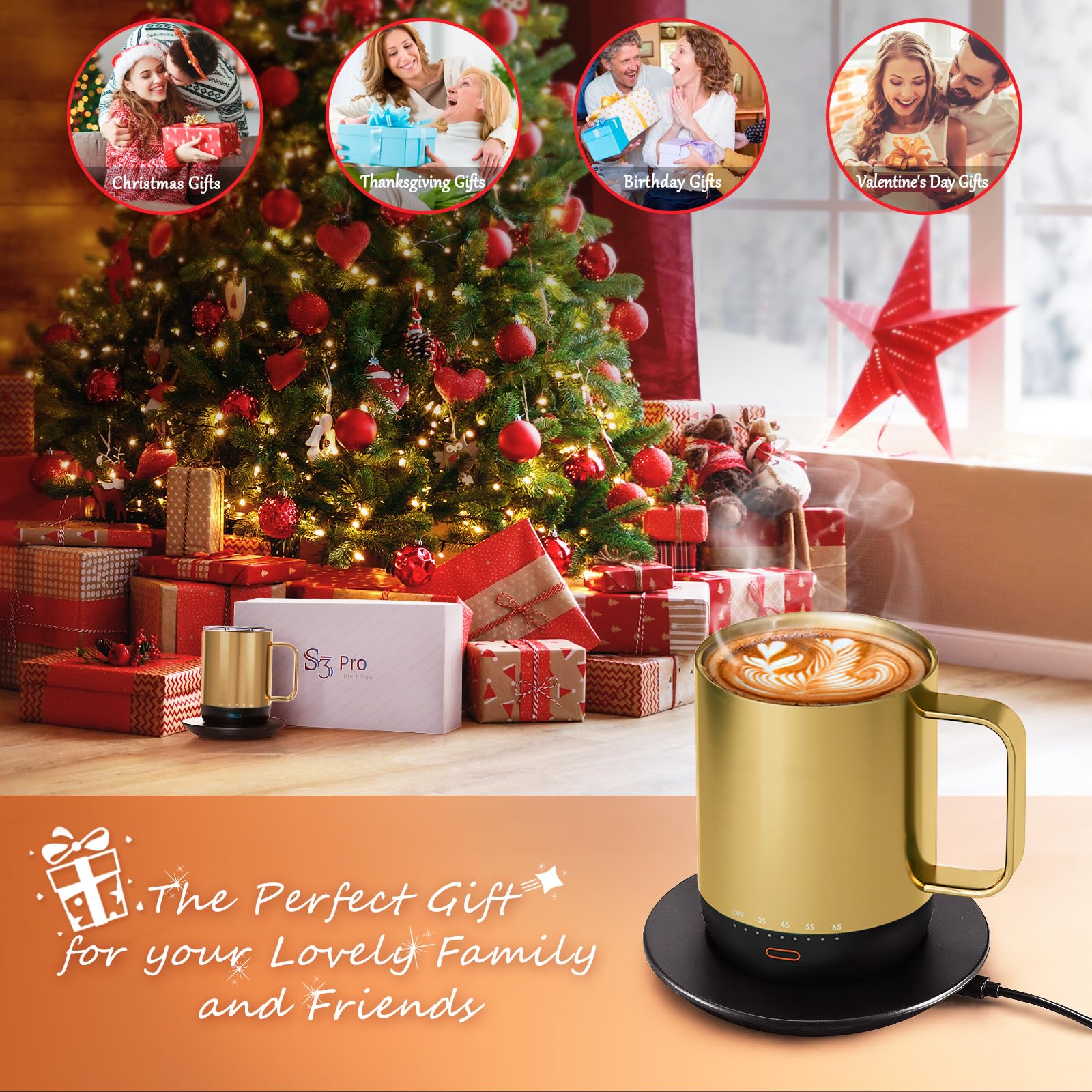 VSITOO S3Pro Smart Temperature Control Coffee Mug with Lid - 14oz Self-Heating Travel Mug, 90 Min Battery Life, APP & Manual Control - Perfect Gift for Coffee Lovers (Gold) - Ideal for Office, Home, Travel & Outdoor Use