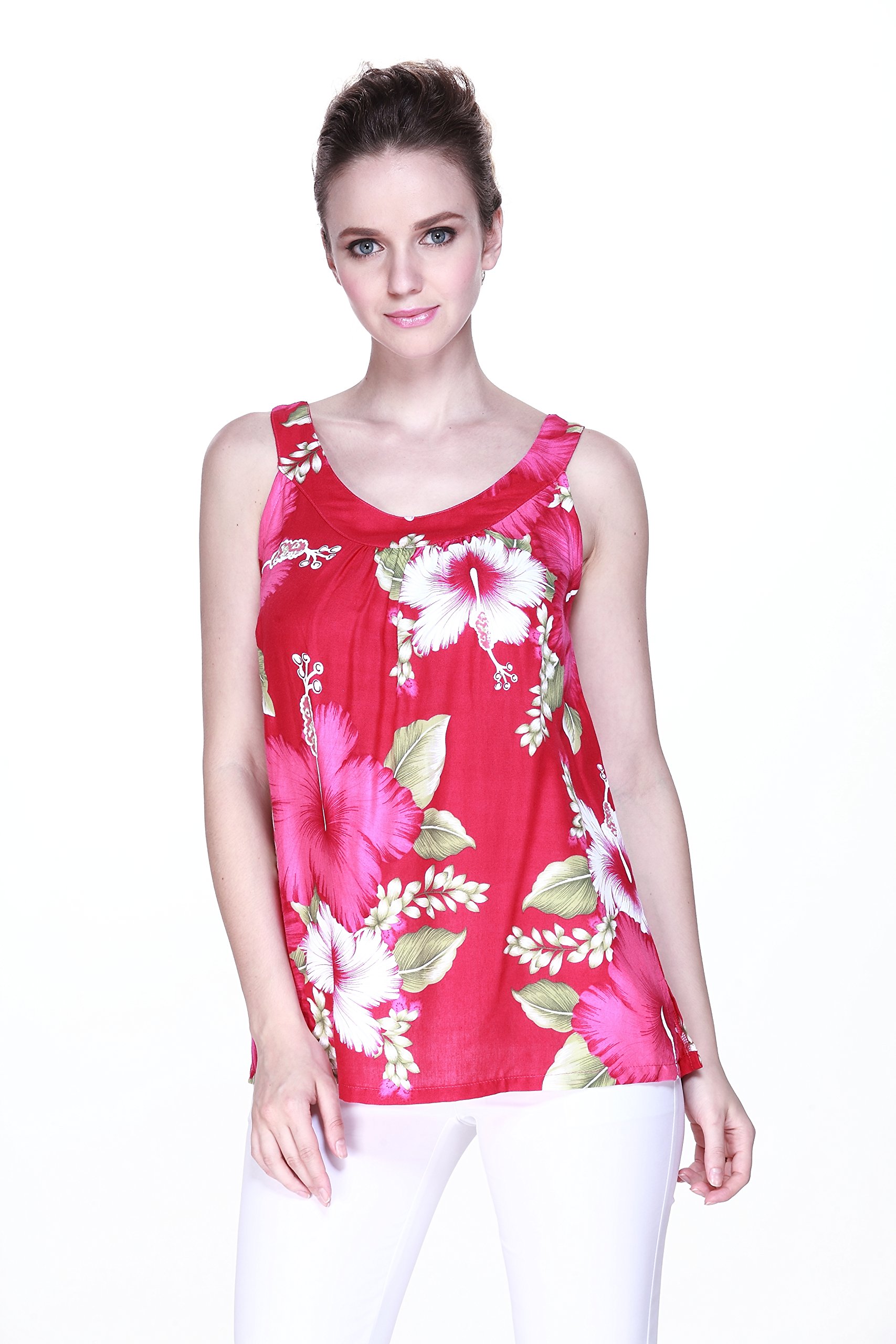Aloha Fashion Women's Hawaiian Floral Tank Top - Pink Leaf Print Summer Beach Vacation Shirt for Tropical Parties & Casual Outings