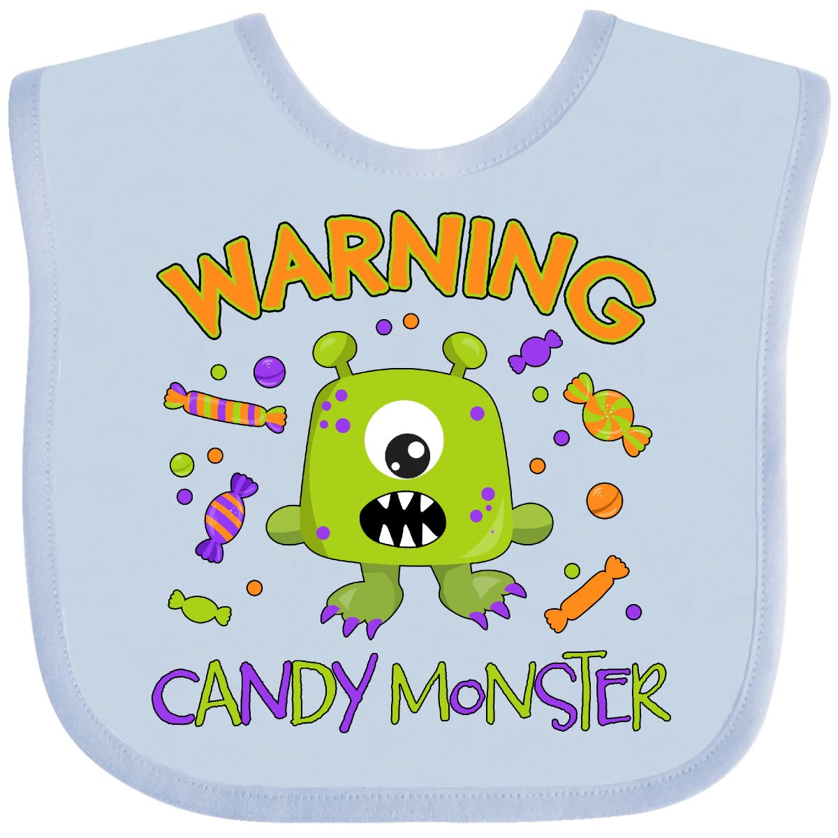 Inktastic Warning Candy Monster Baby Bib - Cute Green Monster Design with Candy Print - Perfect for Halloween, Birthday Parties & Fun Photo Shoots