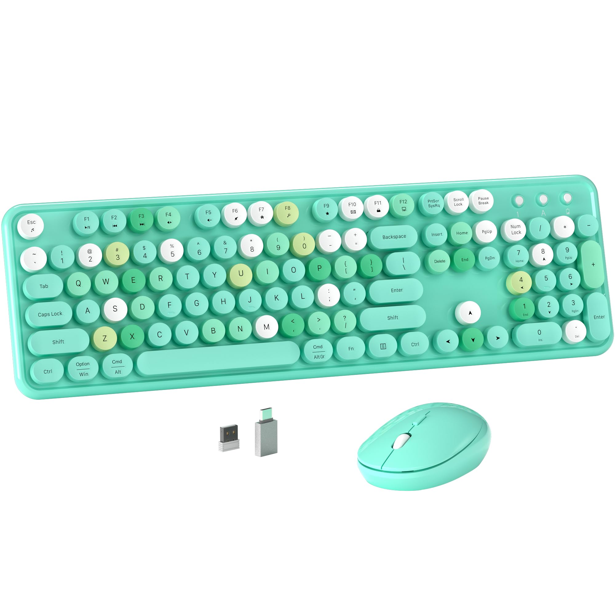 Retro Wireless Keyboard and Mouse Combo - 2.4GHz Ergonomic Round Keycaps for Windows Mac PC - Vintage Typewriter Style with Power Switch (Green) - Perfect for Home Office, Gaming & Creative Workspaces