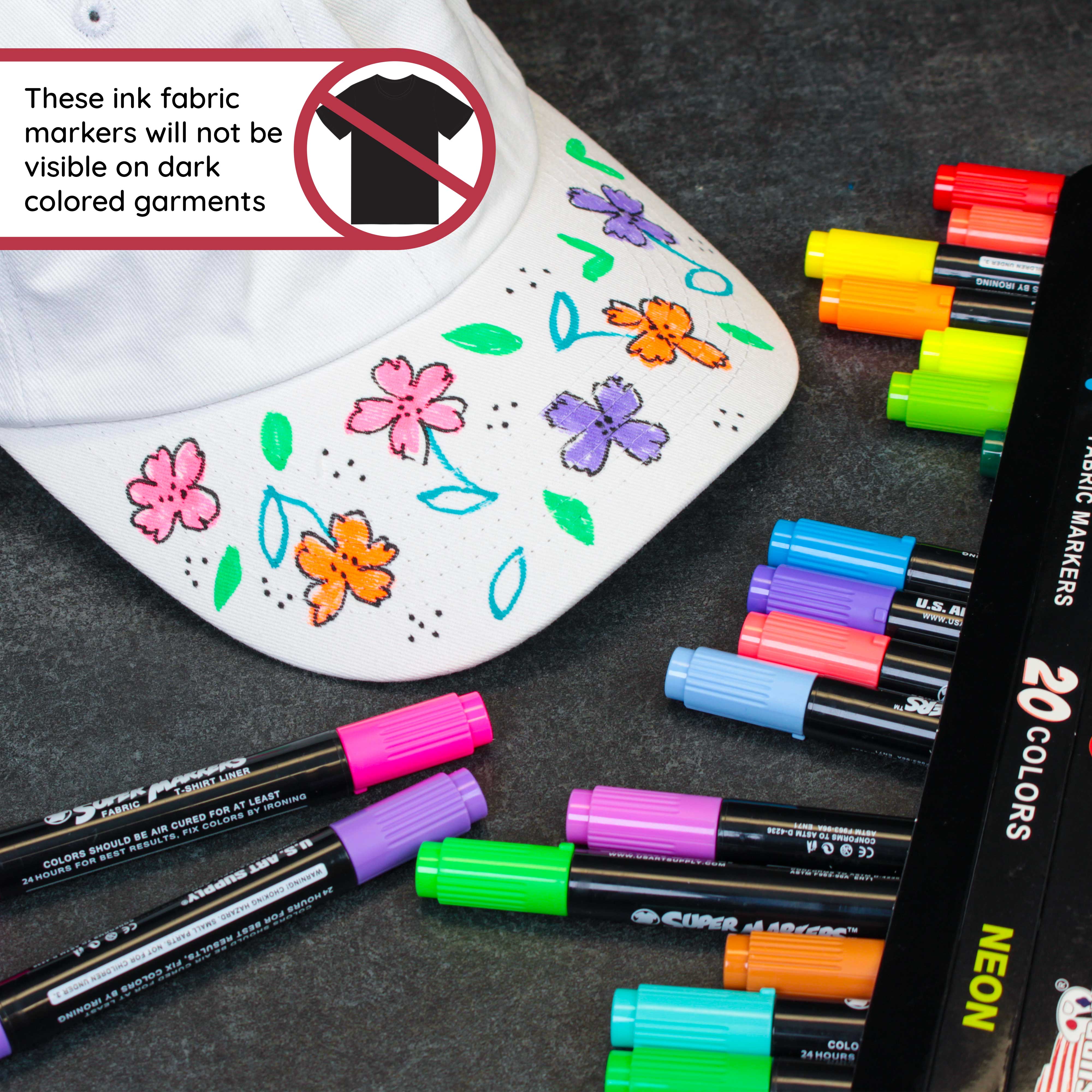 20 Unique Neon Colors Dual Tip Fabric & T-Shirt Markers Set - Chisel & Fine Point Tips for DIY Crafts, Clothing Customization & Art Projects