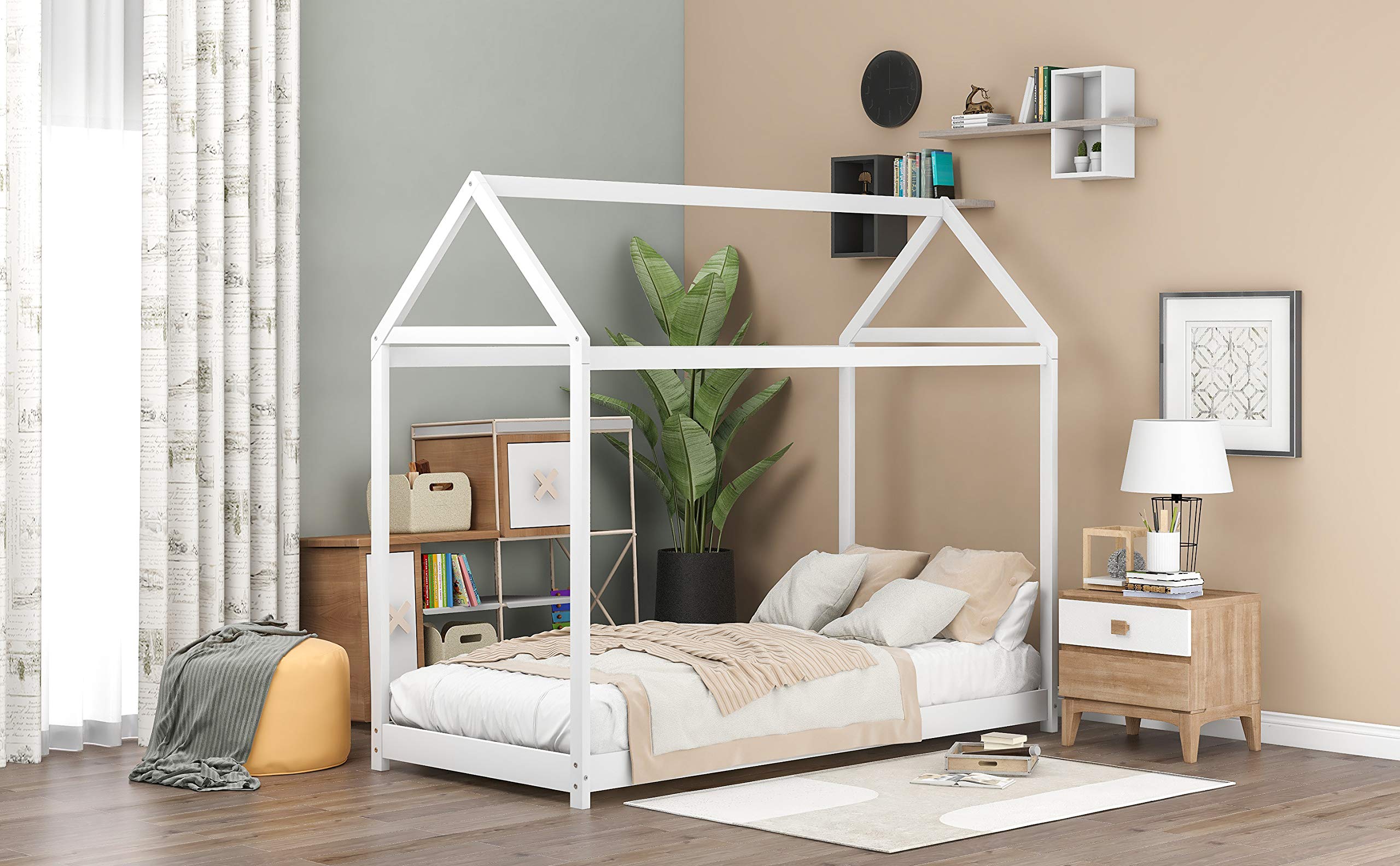 **Sturdy Twin House Bed with Roof & Slat Support - Low Platform Daybed for Toddlers & Teens - White Children's Bedroom Furniture - Perfect for Nursery, Playroom & Kids' Bedroom Decor**