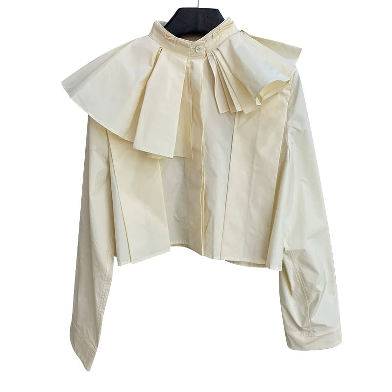 Apricot Minimalist Short Sleeve Blouse for Women - Stand Collar Long Sleeve Patchwork Pleated Loose Korean Style Top | Perfect for Office Wear, Casual Outfits & Spring Fashion