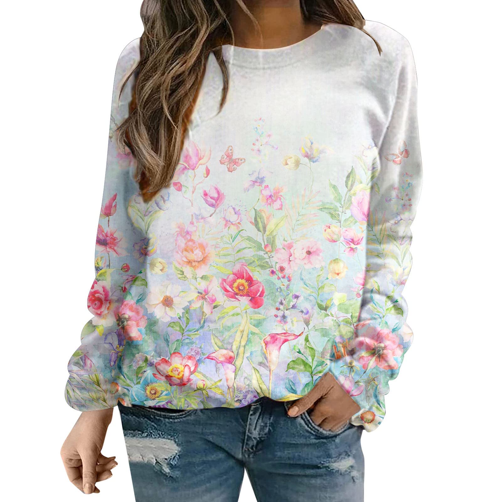 Women's Long Sleeve Casual T-Shirt - Loose Fit Round Neck Pullover Top with Fashion Color Print - Perfect for Everyday Wear, Work, and Weekend Outfits