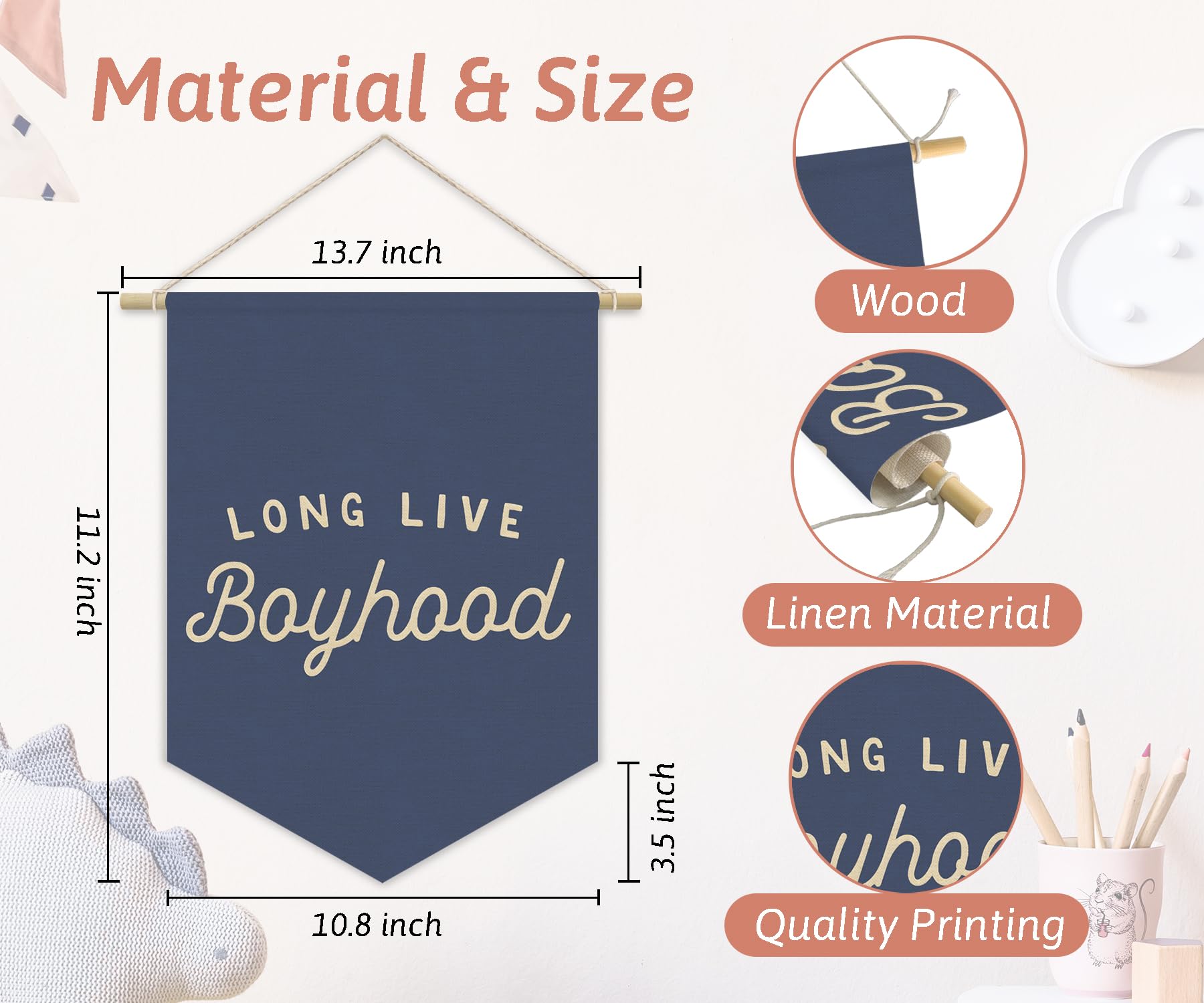 Navy Blue Boys Room Decor - Long Live Boyhood Canvas Banner for Nursery, Playroom & Teen Bedroom - 15x11 Inch Wall Hanging Flag - Perfect for Toddler Decorations, Birthday Parties & Boys Bedroom Themes