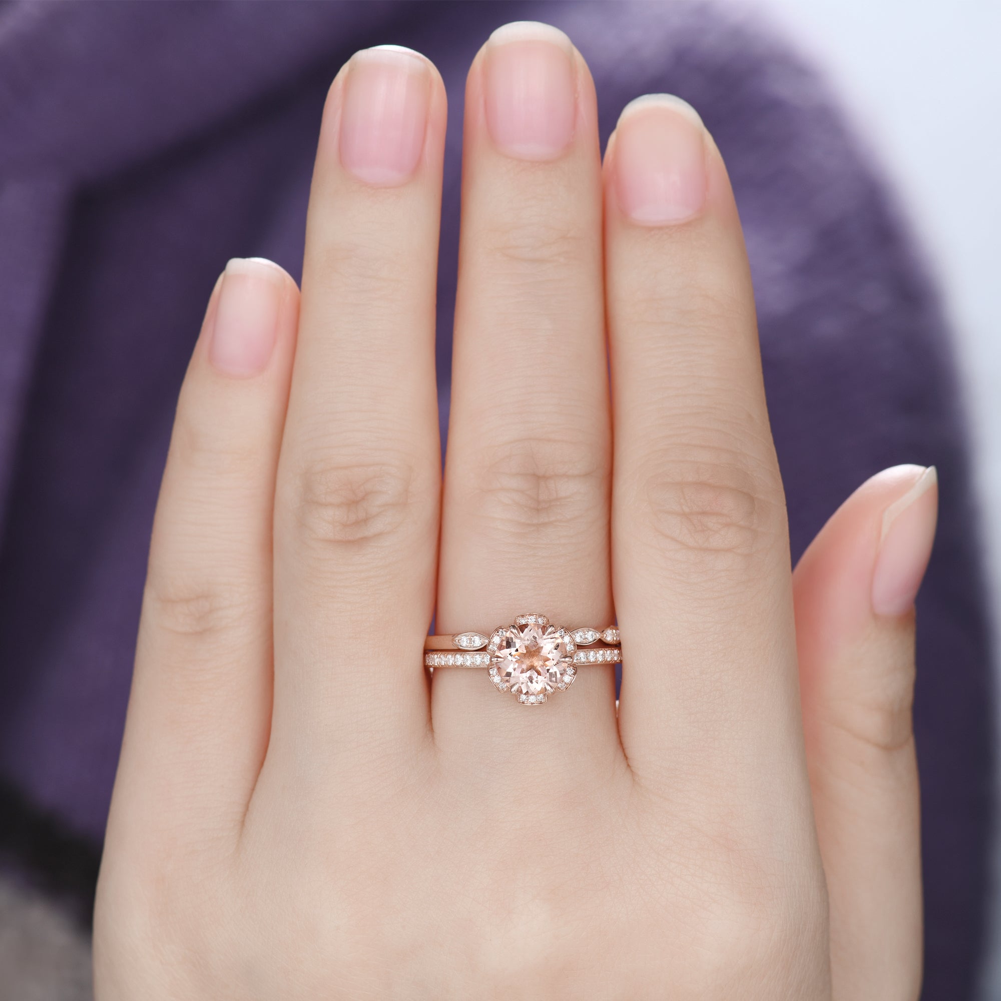 7mm Round Cut Natural Morganite Engagement Ring with Diamond Hidden Halo - Elegant Floral Crown Design for Wedding, Proposal & Anniversary Gifts