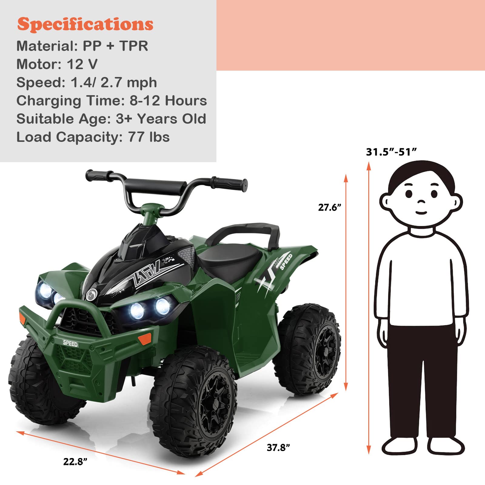 HONEY JOY 12V Kids Electric ATV Ride-On Car - Battery Powered 4 Wheeler with Tread Tires, Dual Speed, Horn & LED Lights - Perfect Gift for Boys & Girls (Green) | Outdoor Play & Backyard Adventure Vehicle