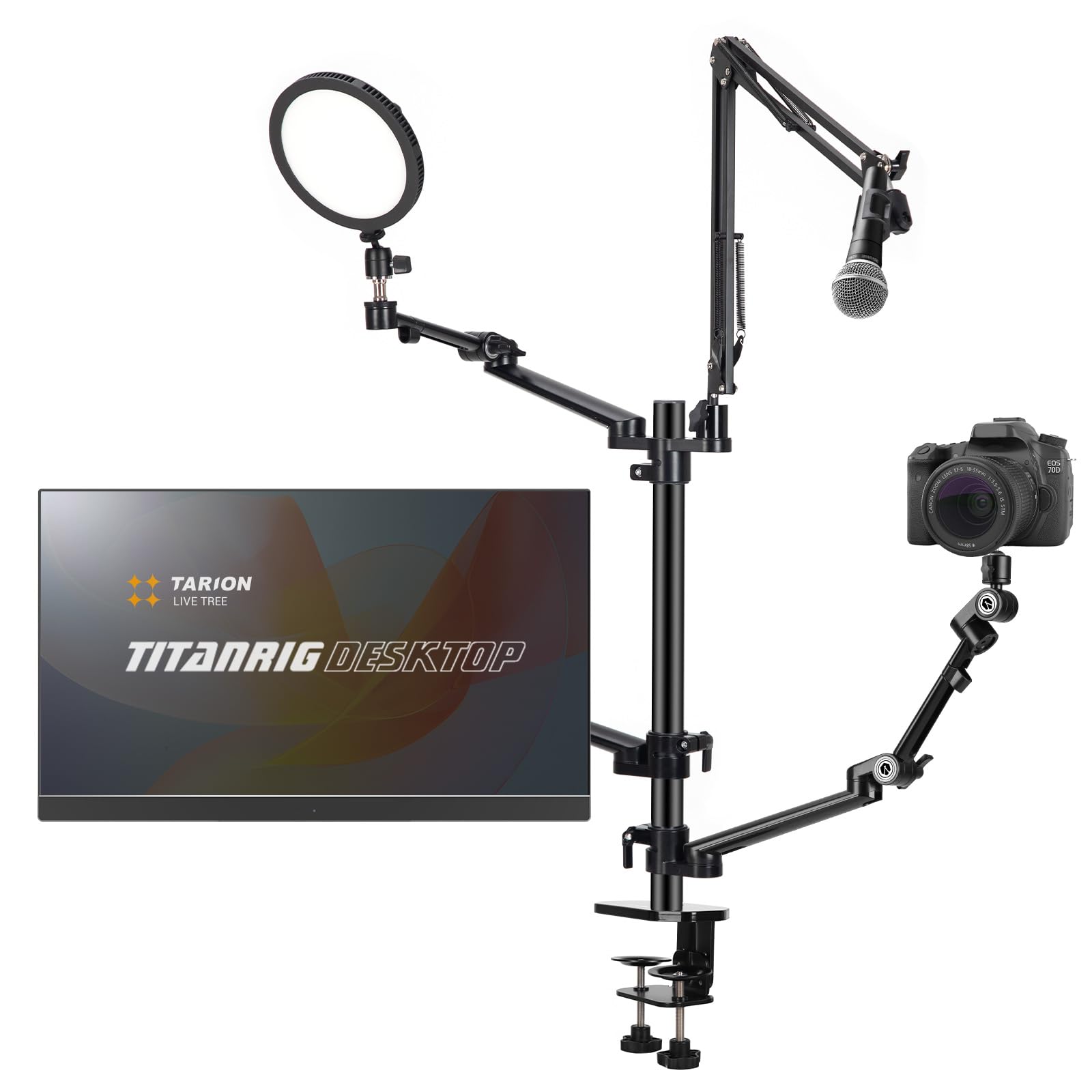 TARION 4-in-1 Adjustable Overhead Camera Arm Mount for Streaming - Desk Stand with Mic Boom & 3 Articulating Arms for DSLR Camera, Ring Light, Monitor & Laptop - Perfect for Live Streaming, YouTube Videos & Home Office Setup