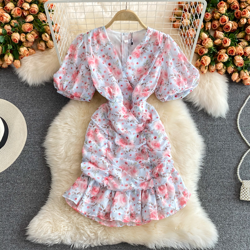 Floral V-Neck Mermaid Skirt Chiffon Summer Dress with Puff Sleeves - Fairy Tale Wedding Guest Dress for Beach Party, Garden Party & Special Occasions