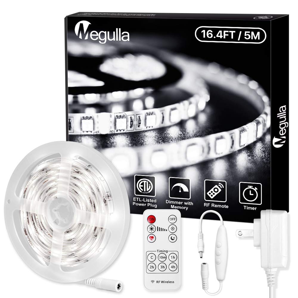 Megulla 16.4ft White LED Strip Lights - 6000K Bright Dimmable Under Cabinet Lighting with Remote & 12V ETL-Listed Power Supply for Vanity Mirror, Bedroom, Kitchen, Home Decor & DIY Projects
