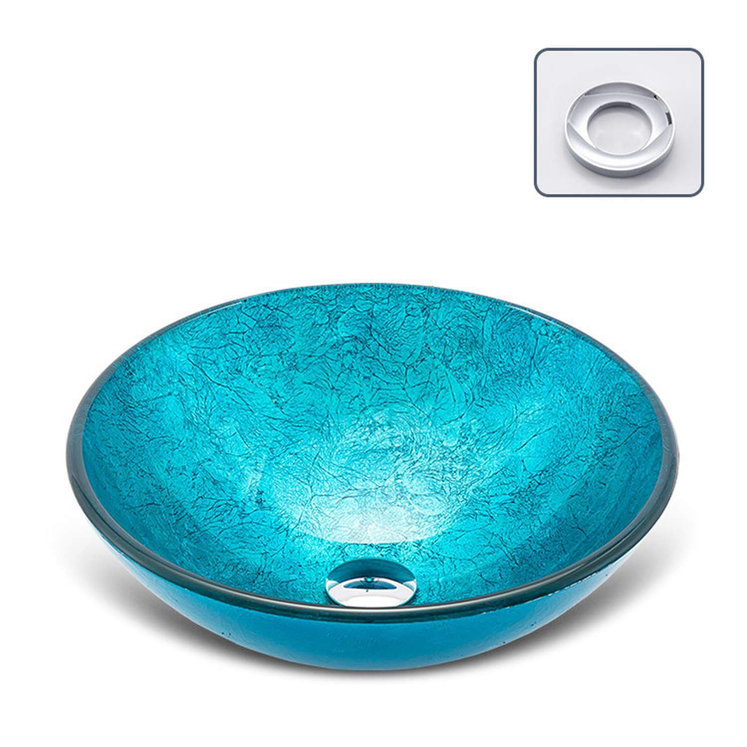 12mm Tempered Glass Bathroom Vessel Sink - Modern Blue Artistic Above Counter Basin with Pop-up Drain | Vanity Washbowl for Contemporary Bathroom Decor | Perfect for Master Bath, Guest Bath & Powder Room Renovations